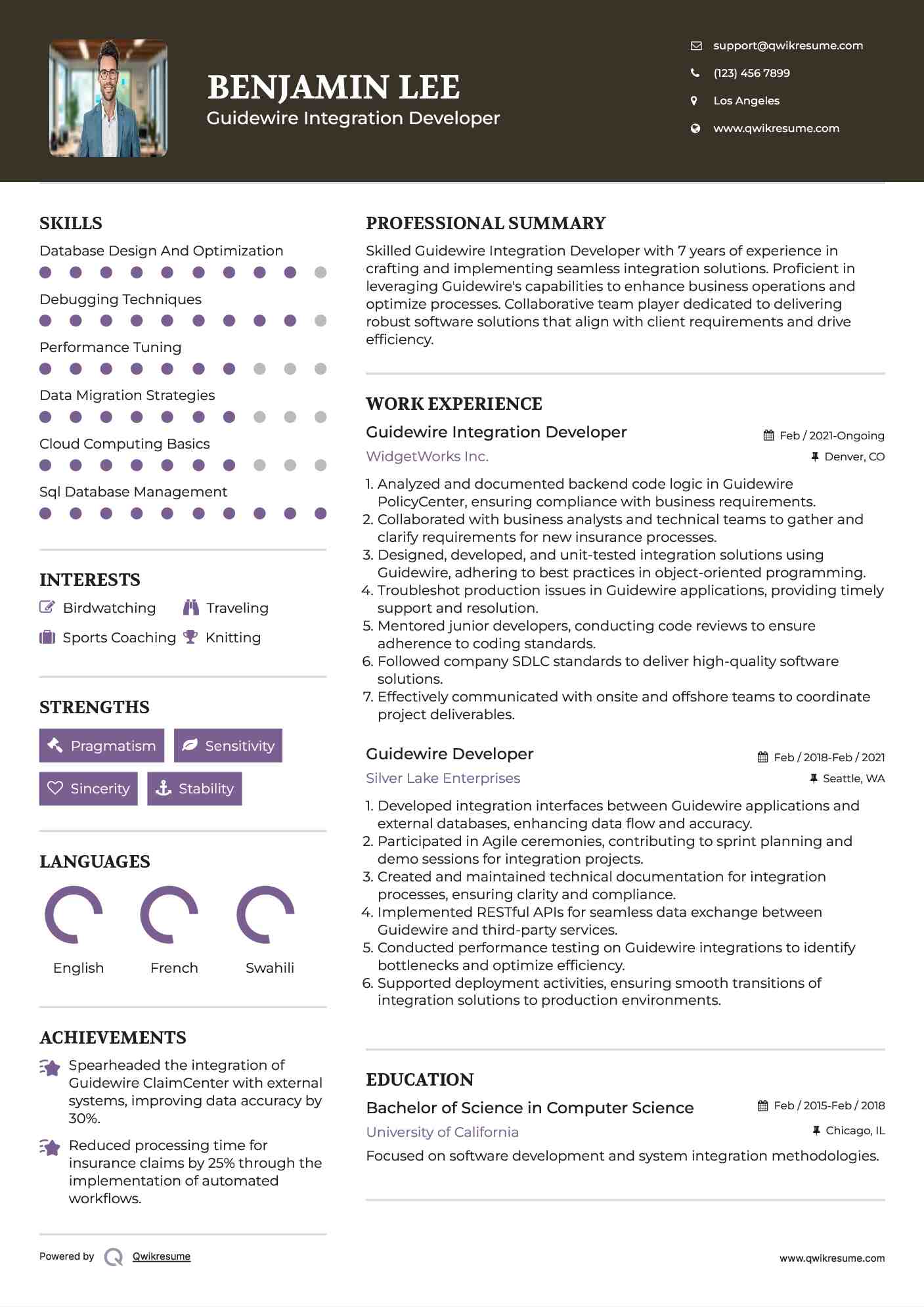 Guidewire Integration Developer Resume Example