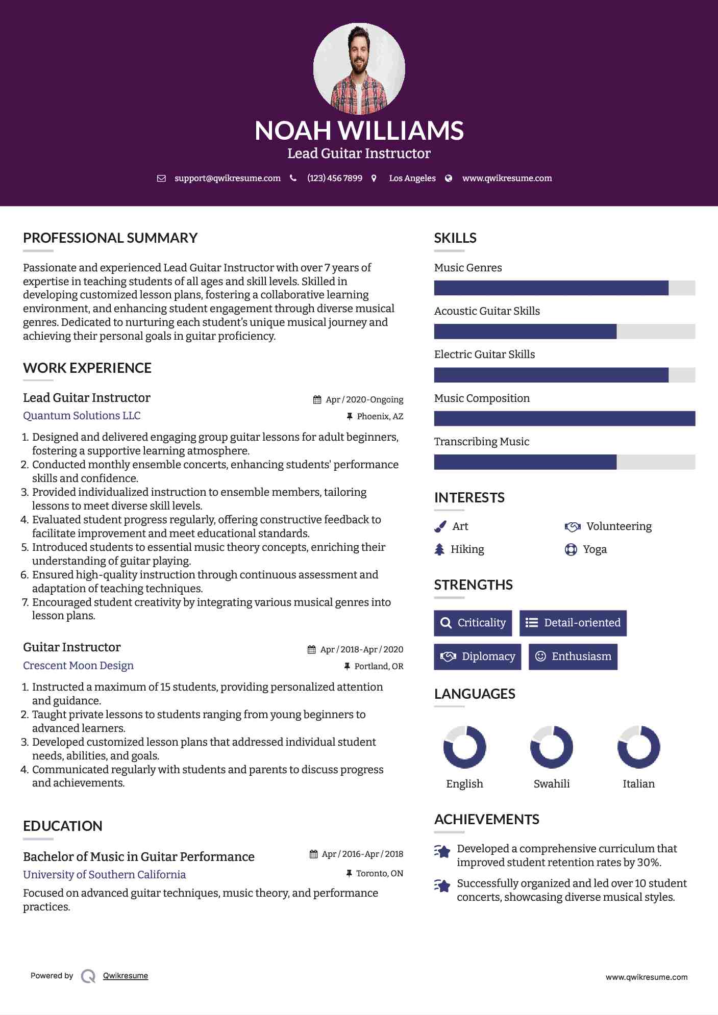 Lead Guitar Instructor Resume Format