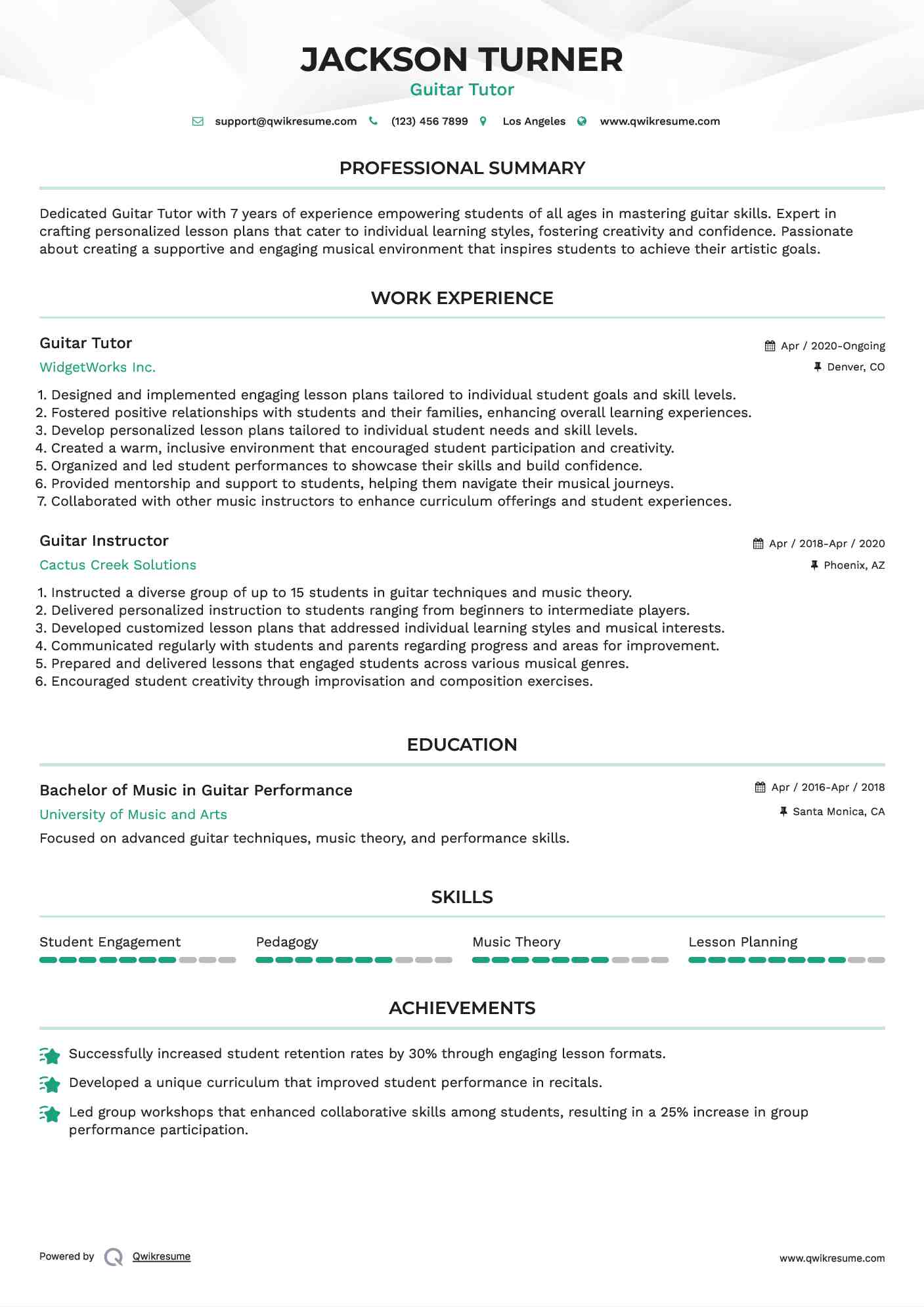 Guitar Tutor Resume Example