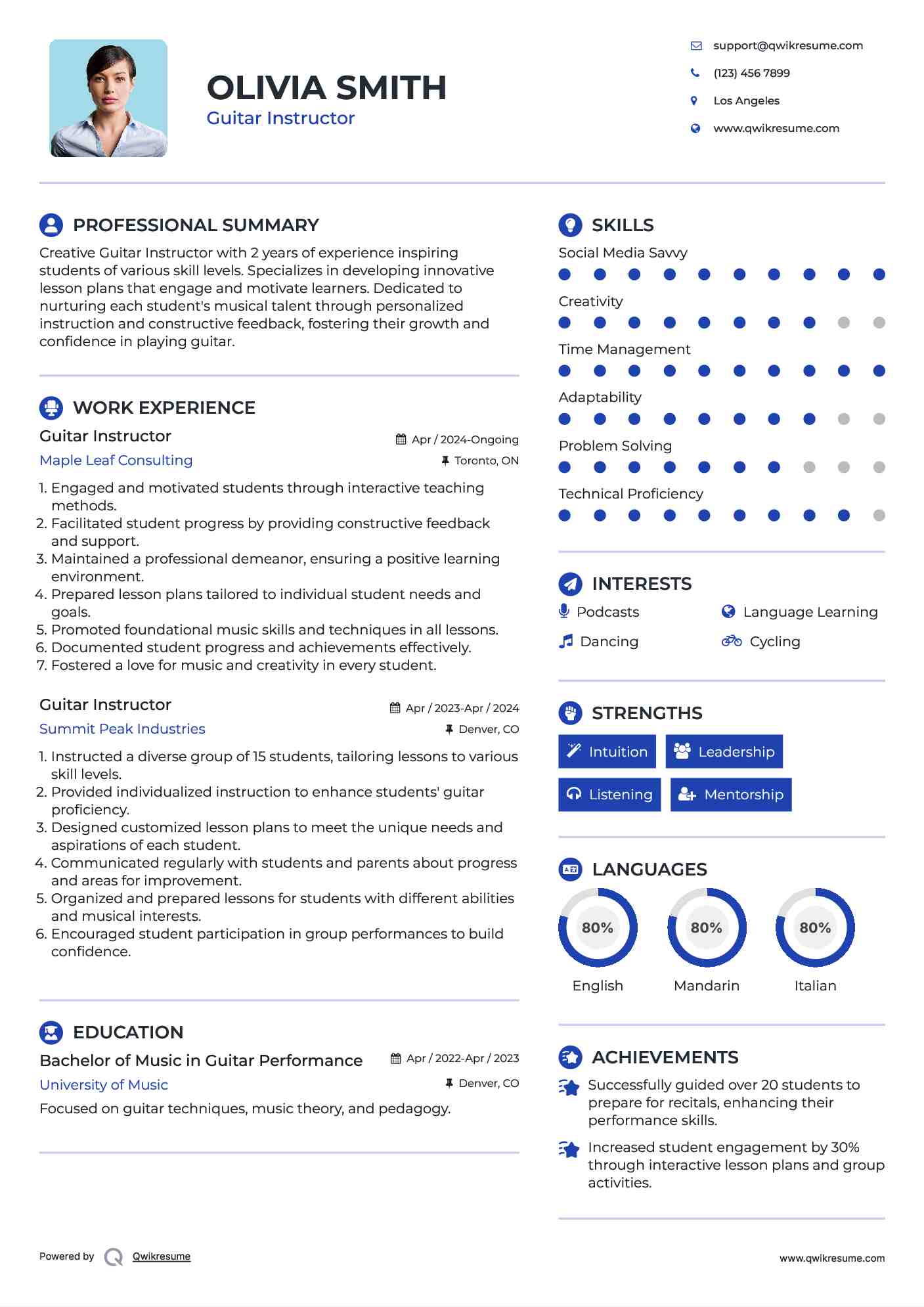 Guitar Instructor Resume Sample