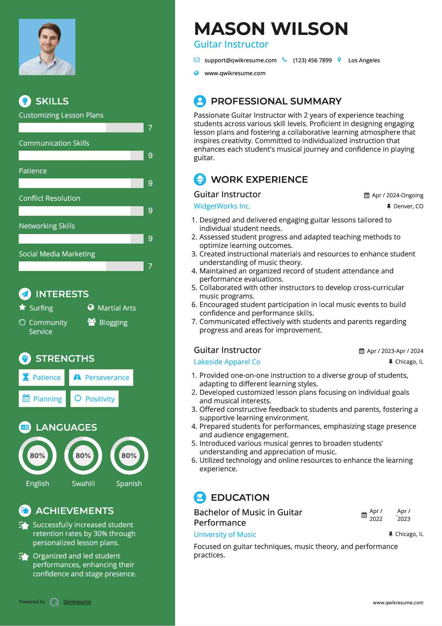 Guitar Instructor Resume Model