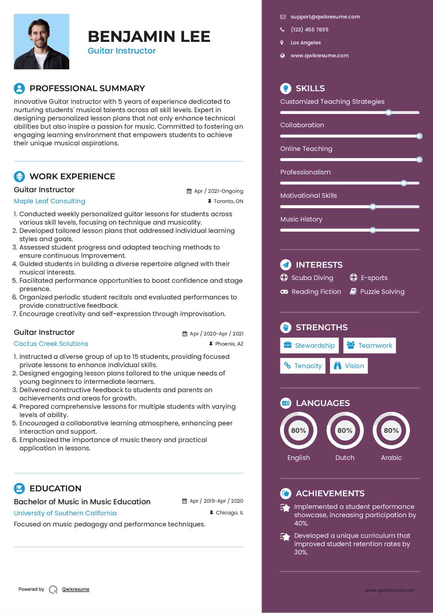 Guitar Instructor Resume Sample