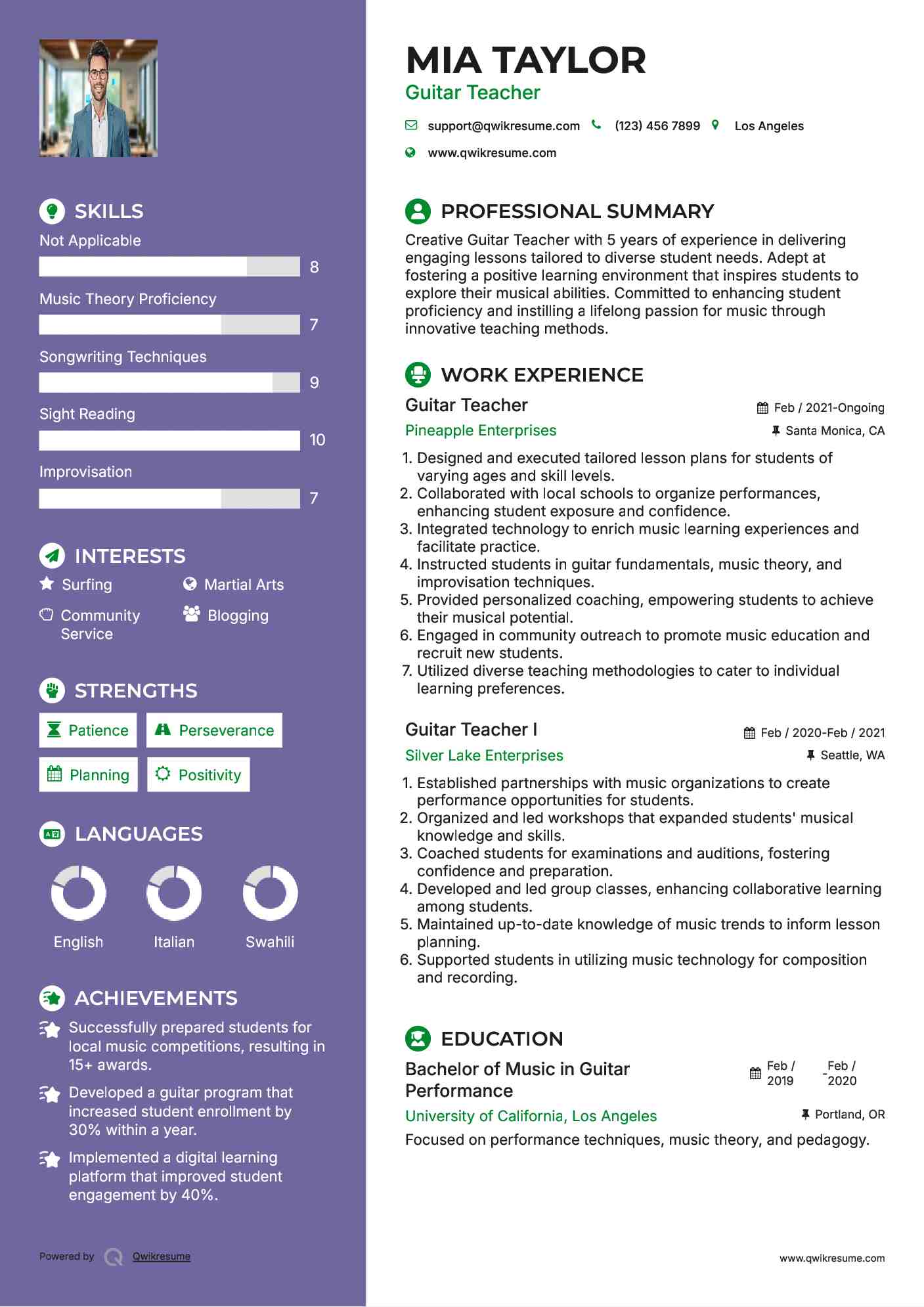 Guitar Teacher Resume Template