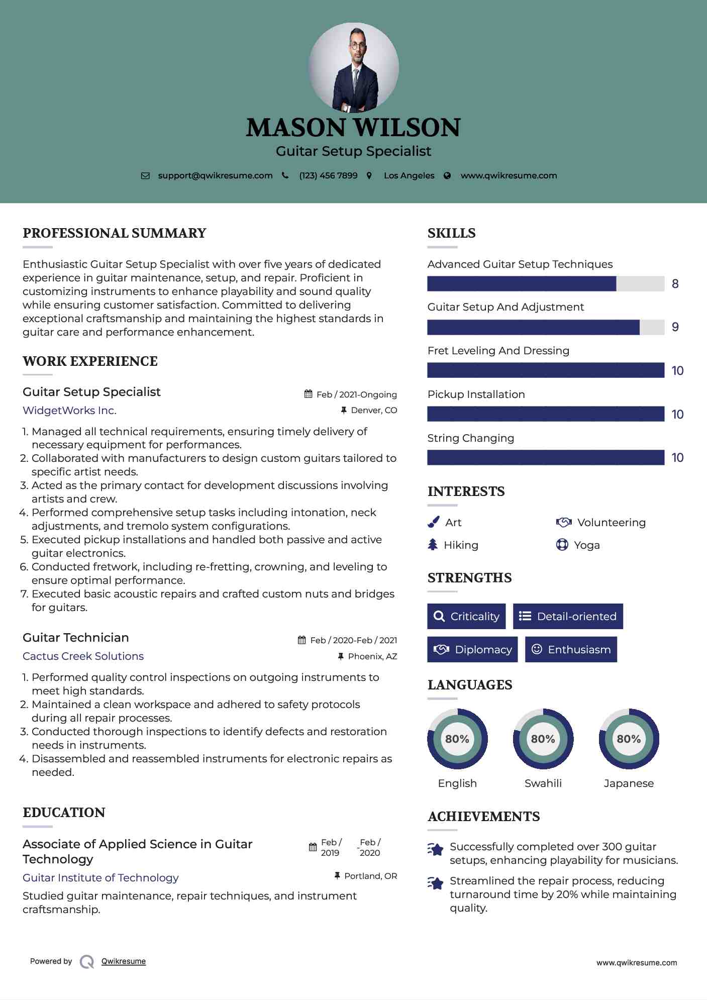 Guitar Setup Specialist Resume Model