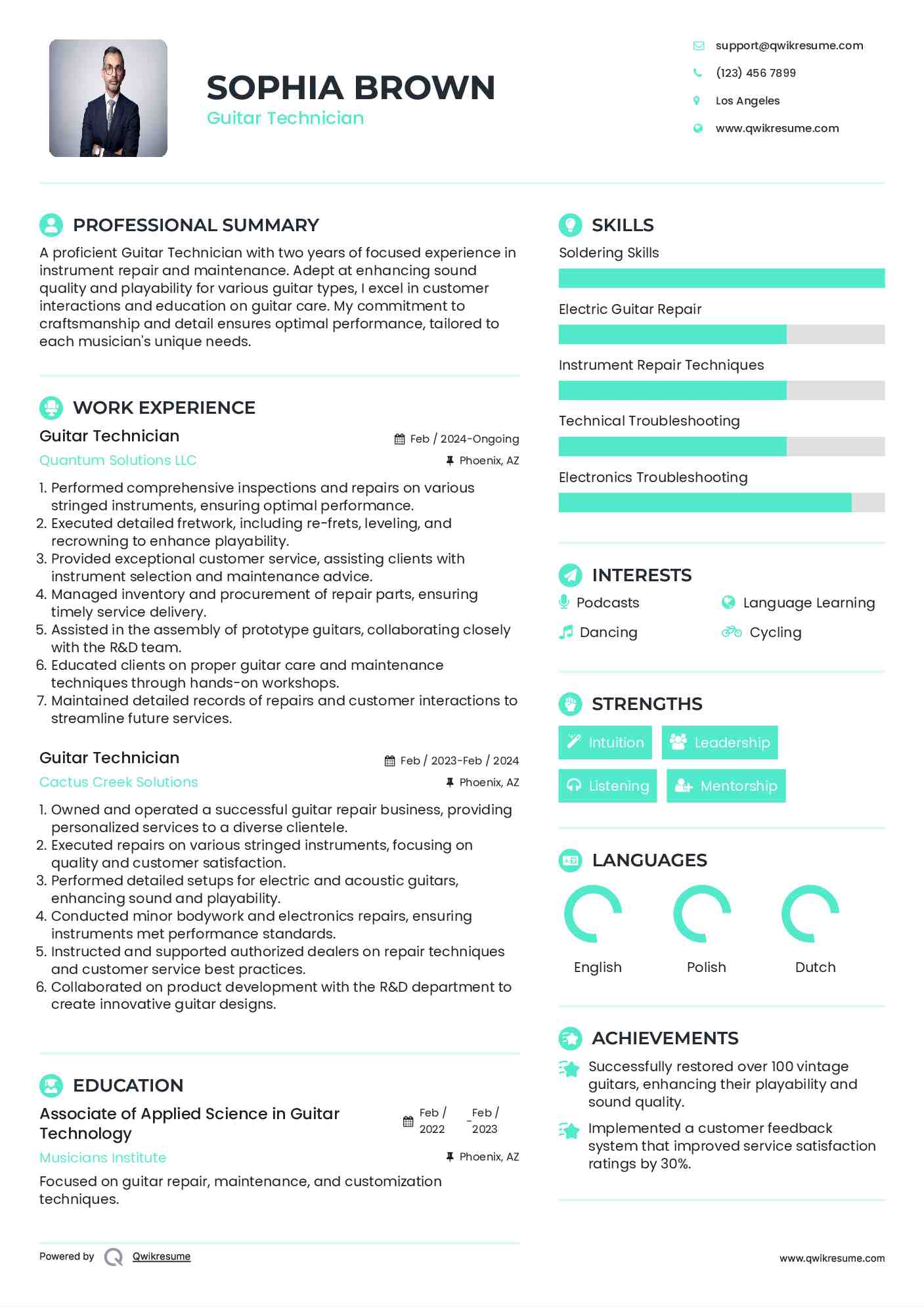 Guitar Technician Resume Example