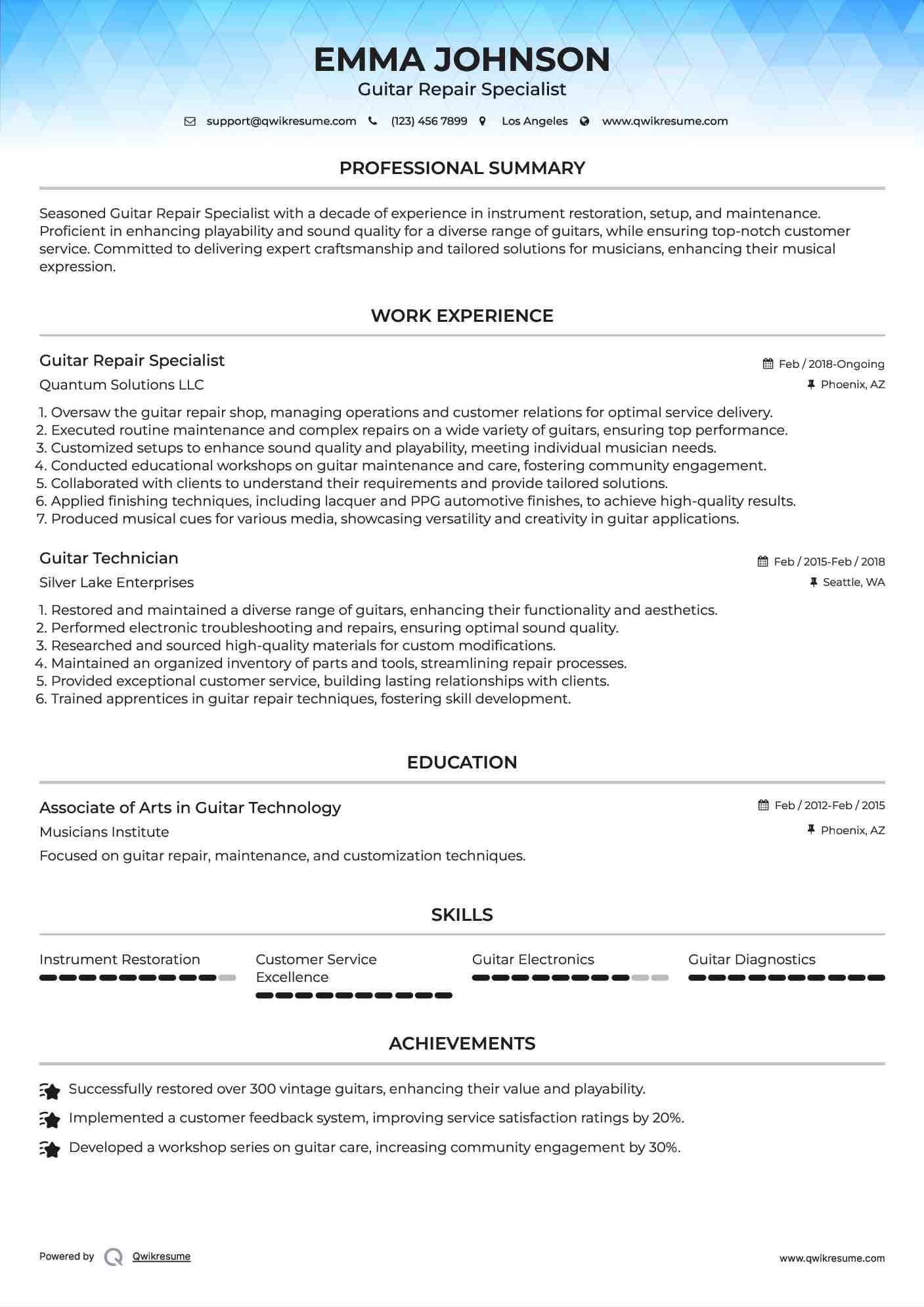 Guitar Repair Specialist Resume Format
