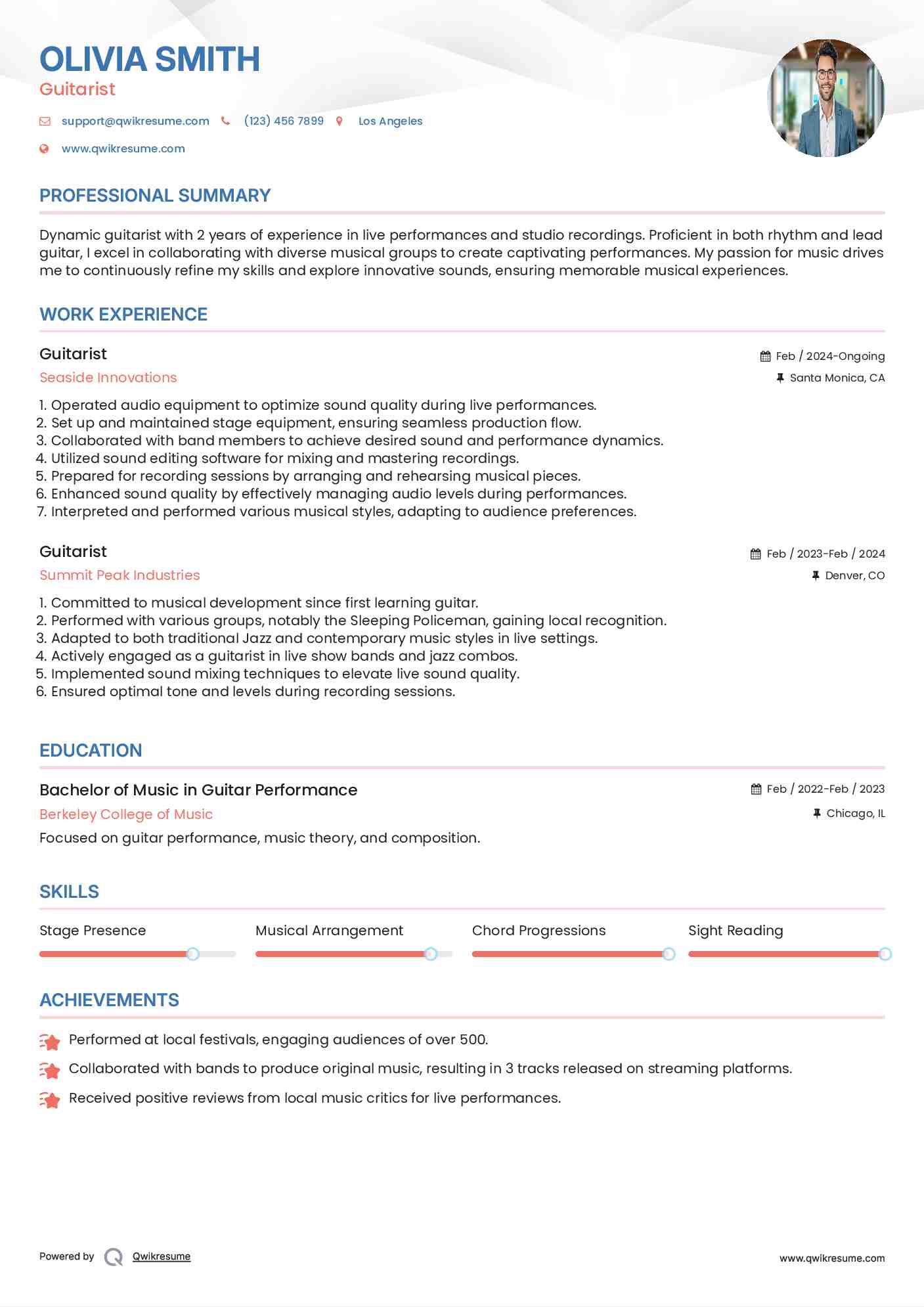 Guitarist Resume Model