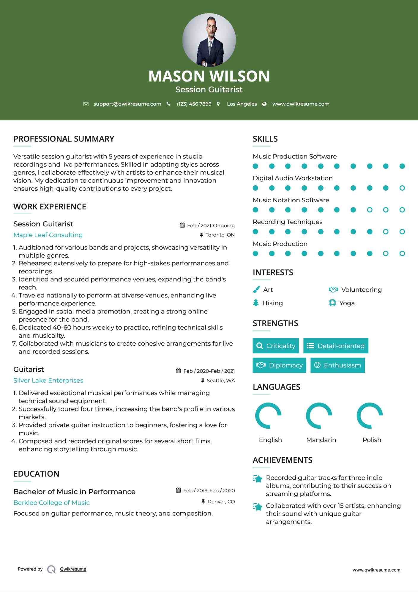 Session Guitarist Resume Example