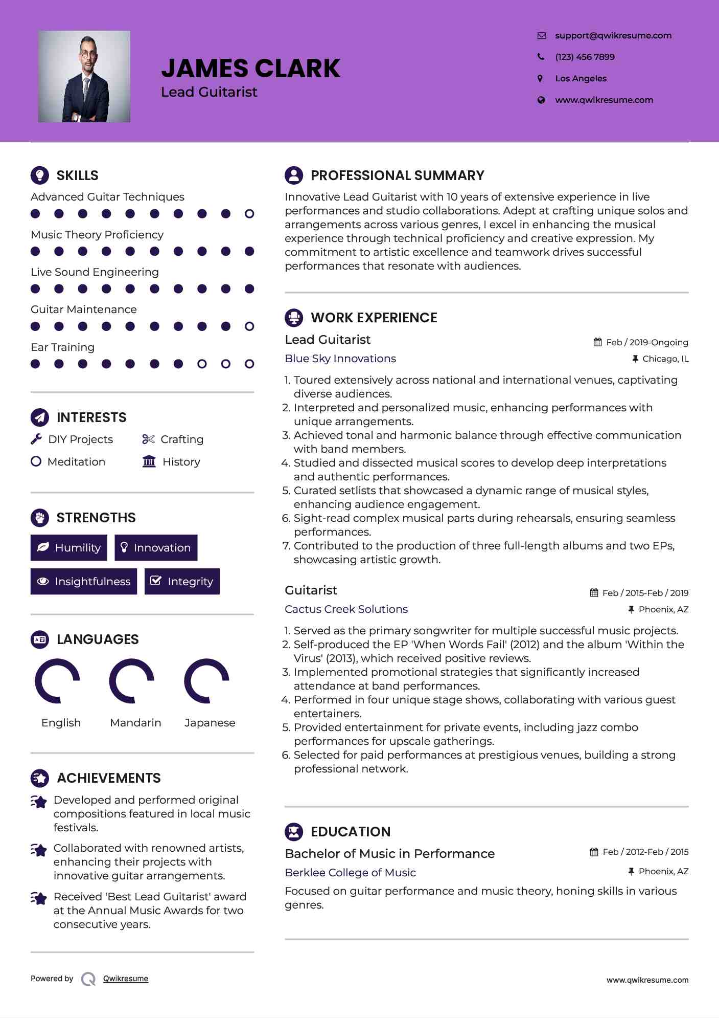 Lead Guitarist Resume Example