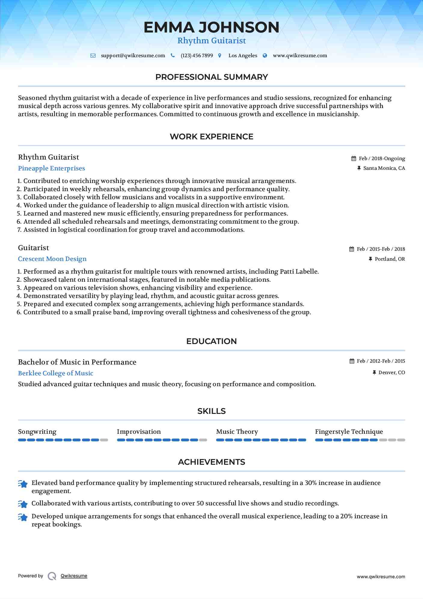 Rhythm Guitarist Resume Sample