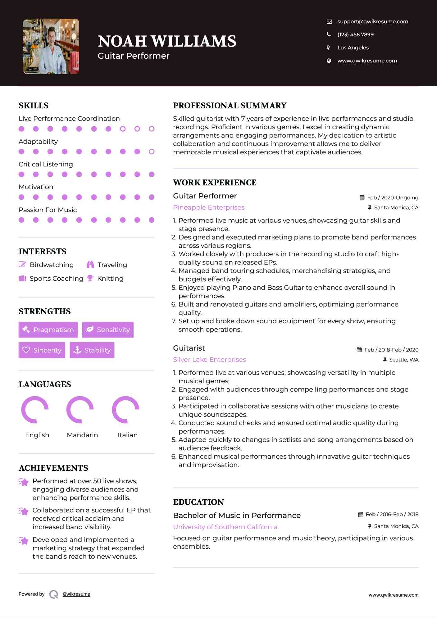 Guitar Performer Resume Template