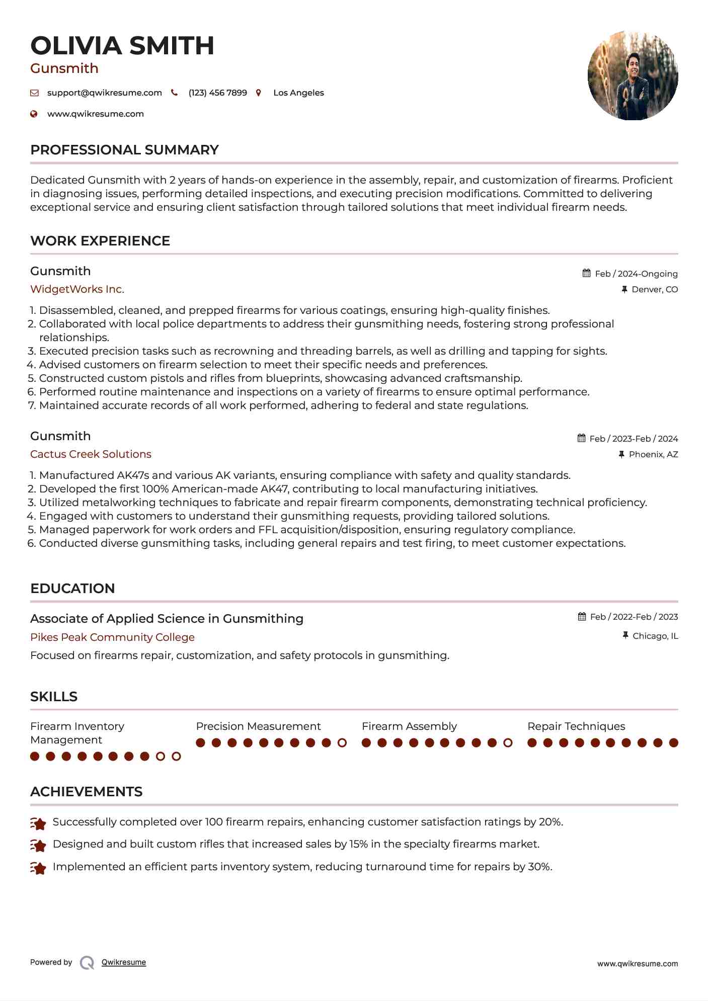 Gunsmith Resume Sample