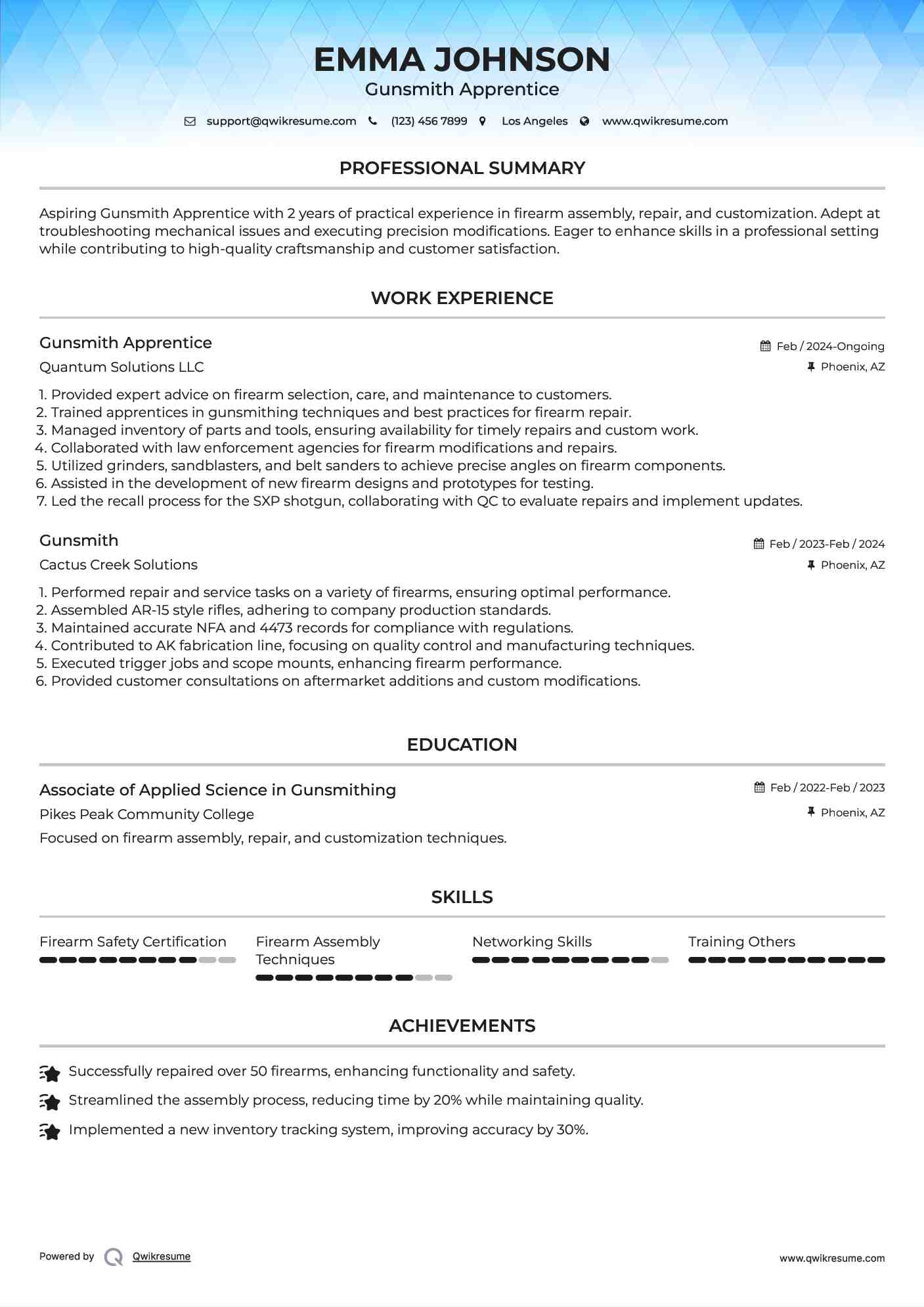 Gunsmith Apprentice Resume Model