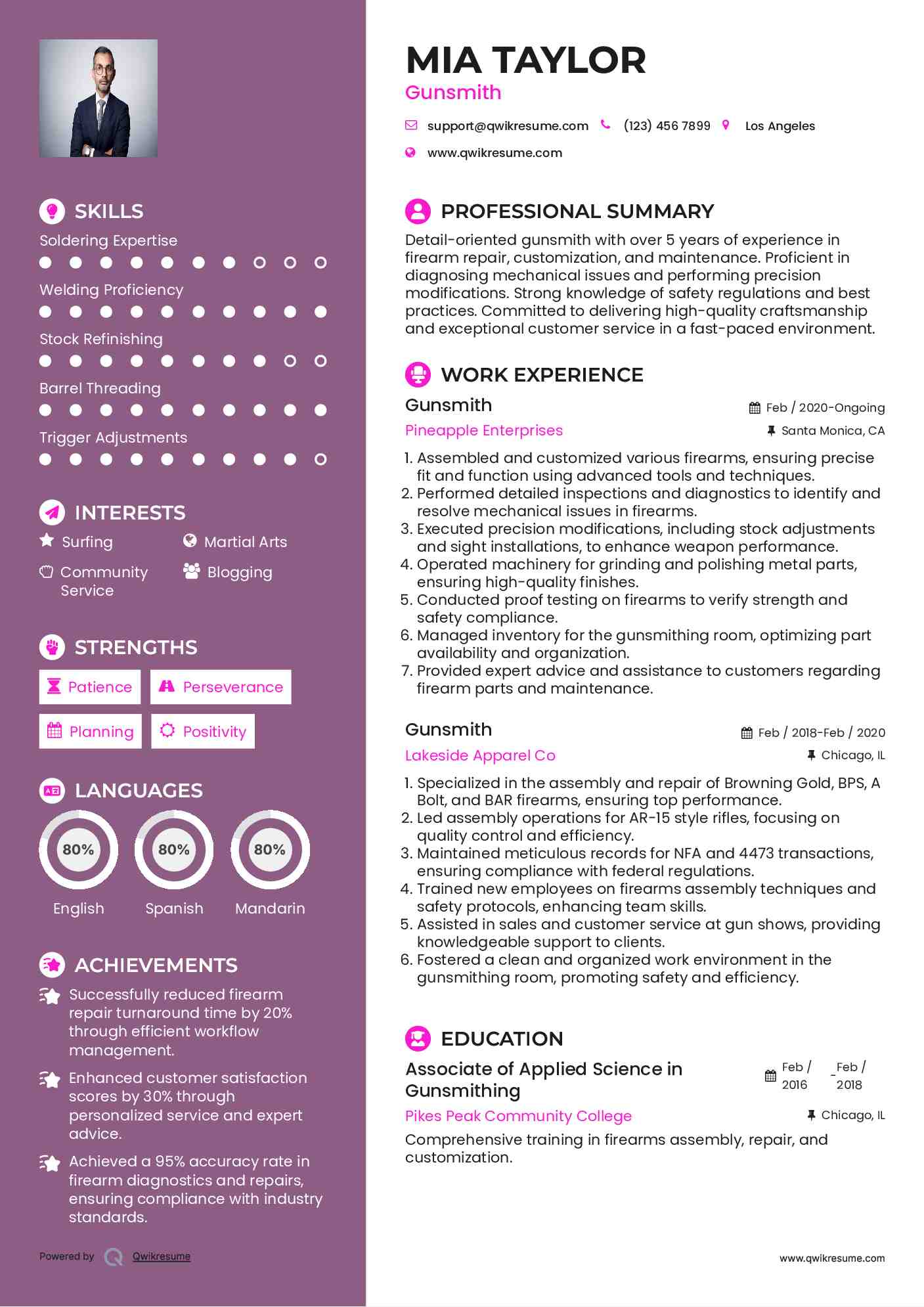 Gunsmith Resume Sample