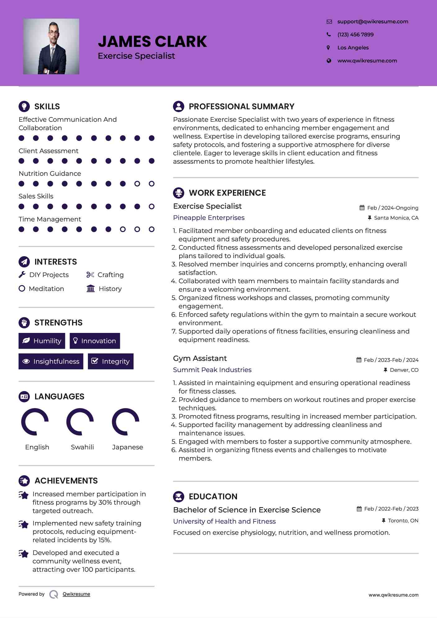 Exercise Specialist Resume Example