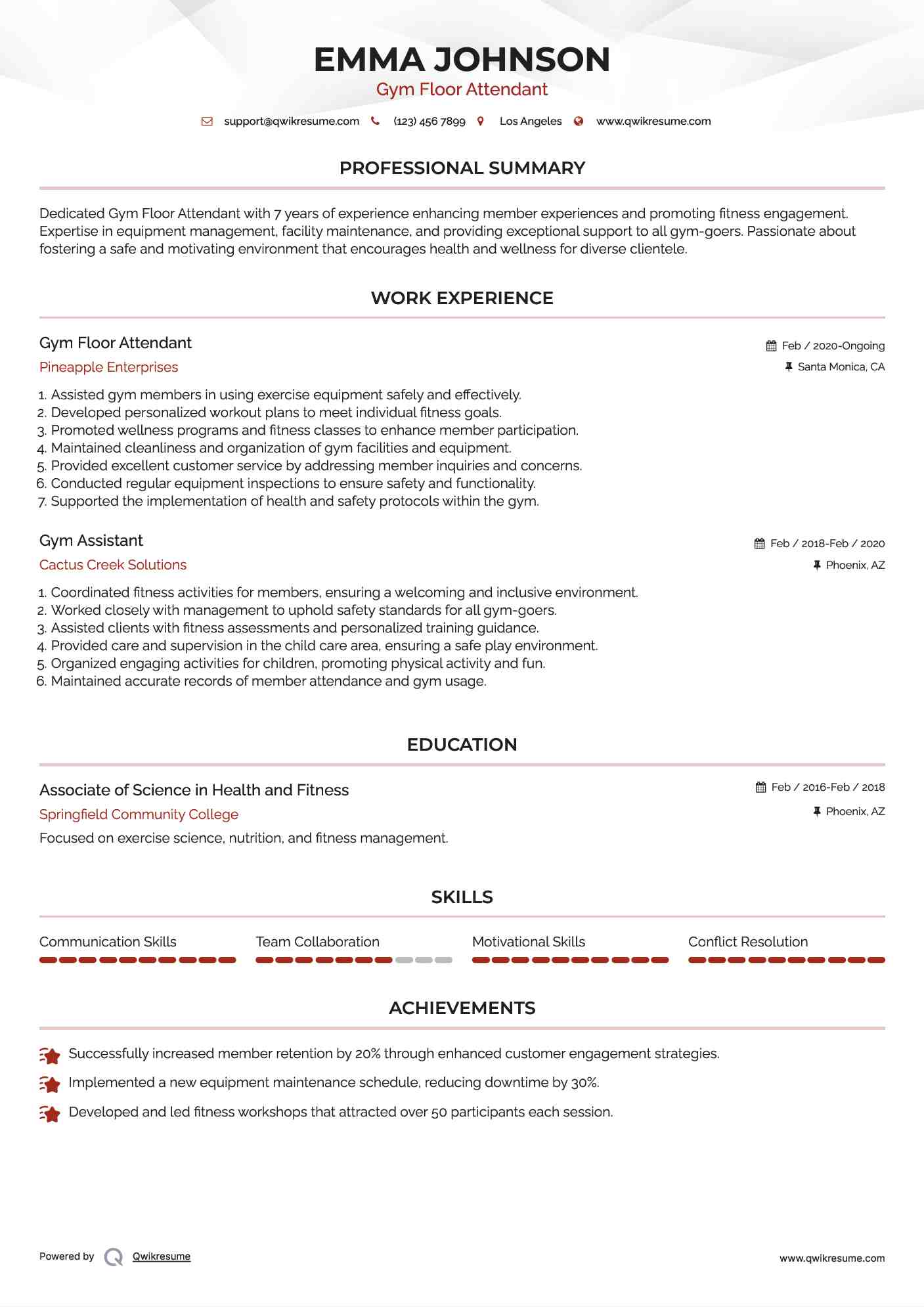 Gym Floor Attendant Resume Template