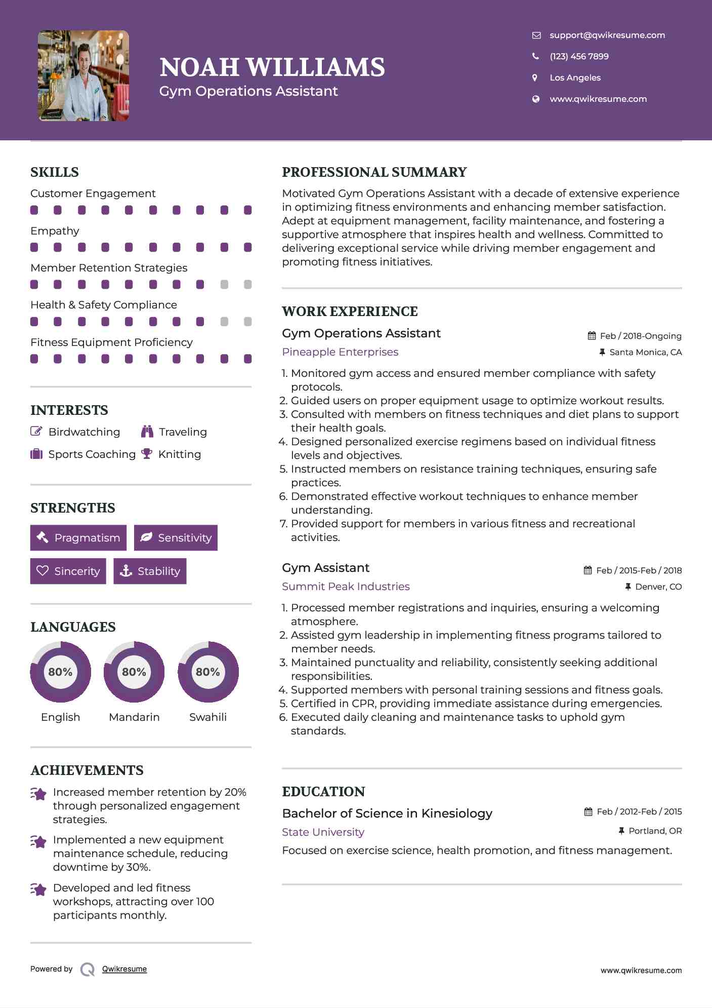 Gym Operations Assistant Resume Template
