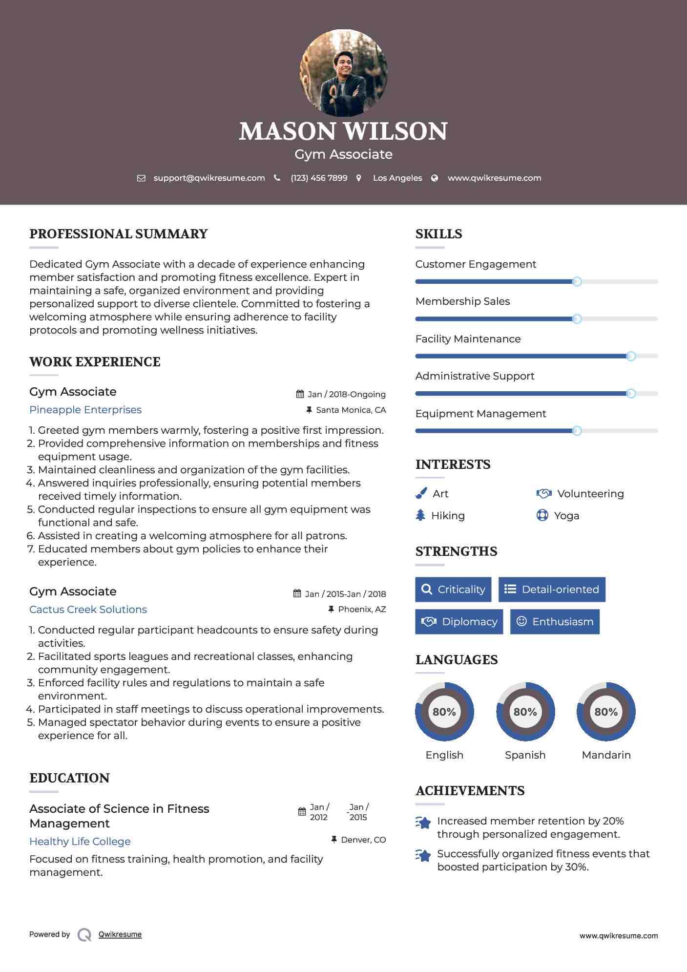 Gym Associate Resume Example