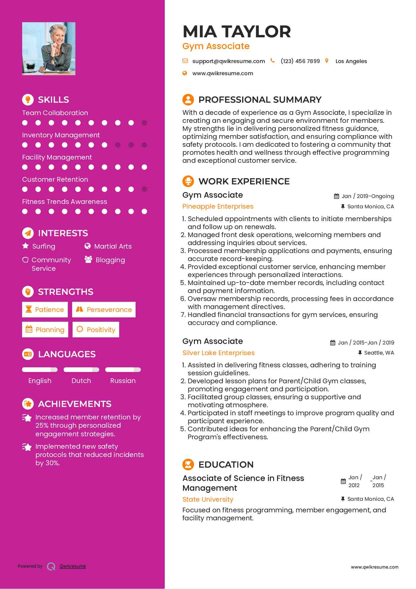 Gym Associate Resume Example