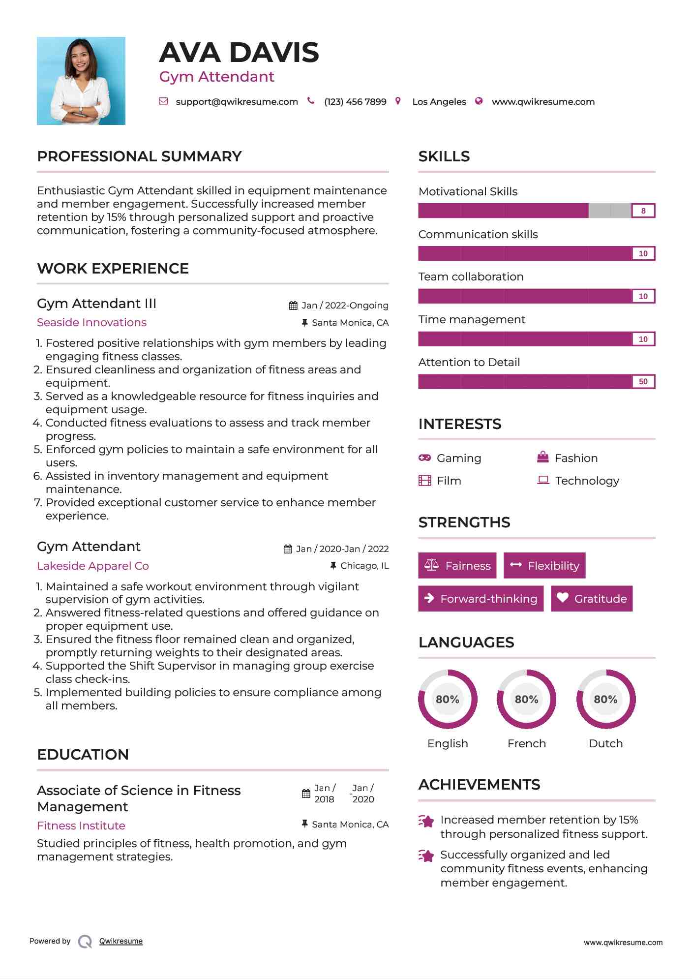 Gym Attendant III Resume Model
