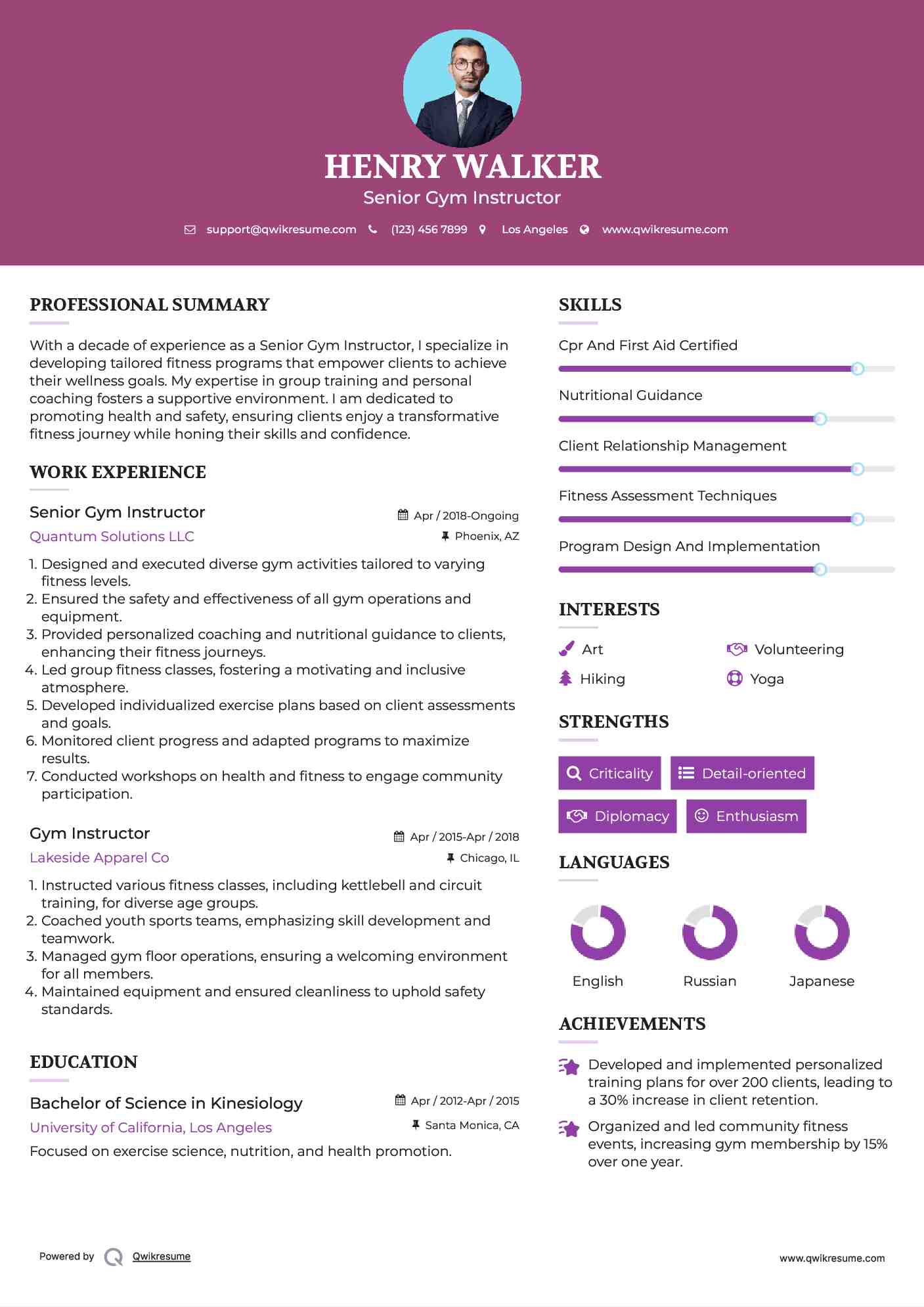 Senior Gym Instructor Resume Sample