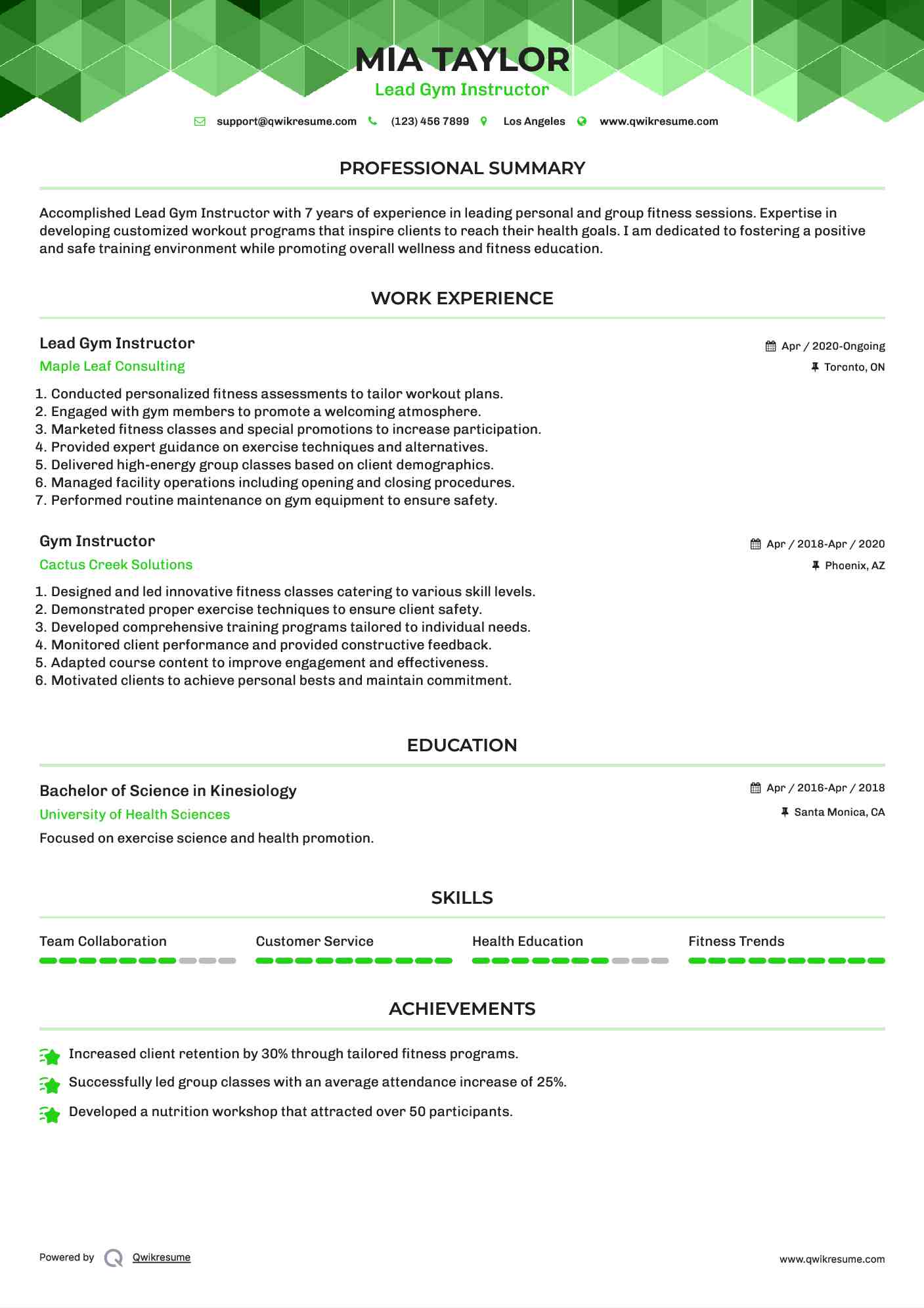 Lead Gym Instructor Resume Model