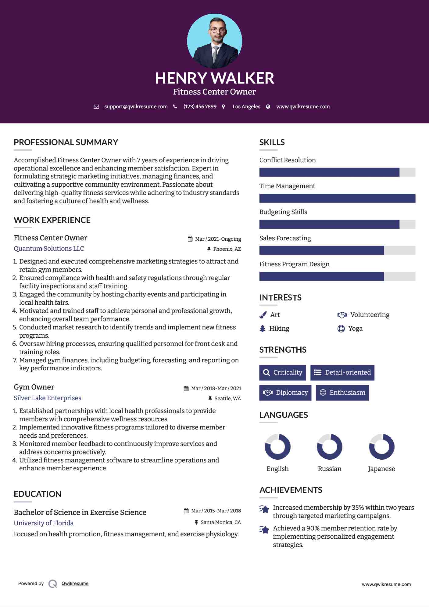 Fitness Center Owner Resume Template
