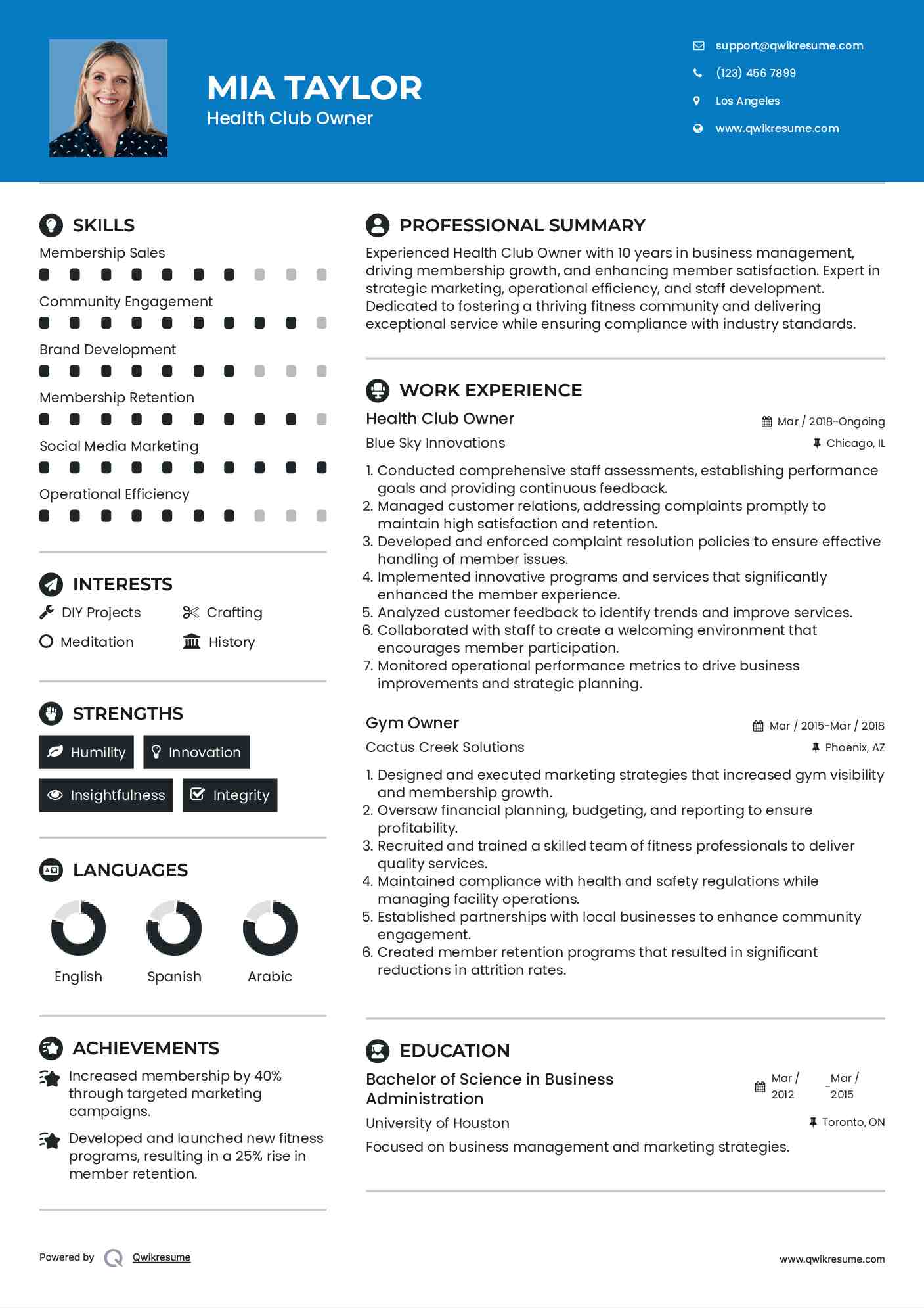 Health Club Owner Resume Template