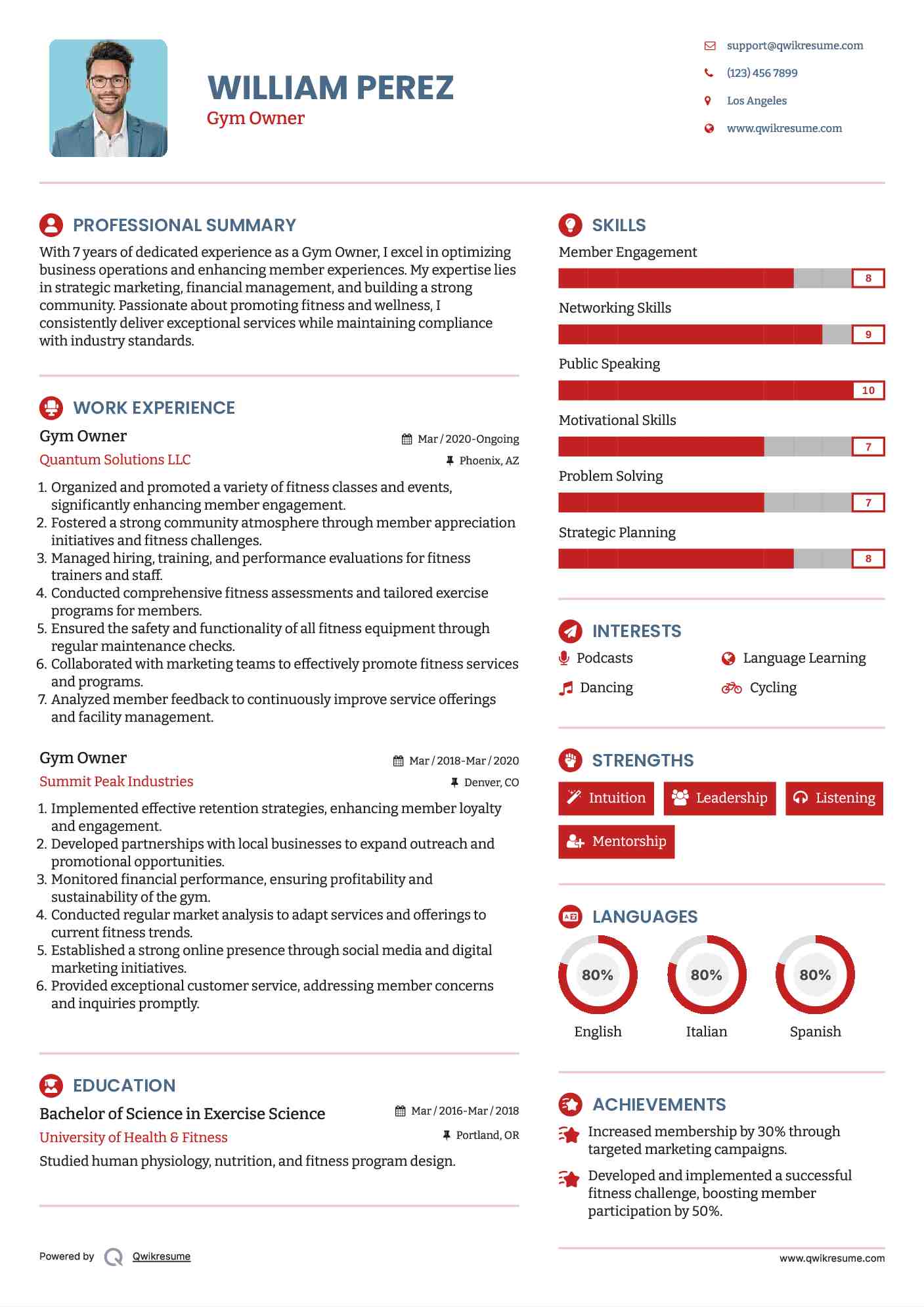 Gym Owner Resume Template