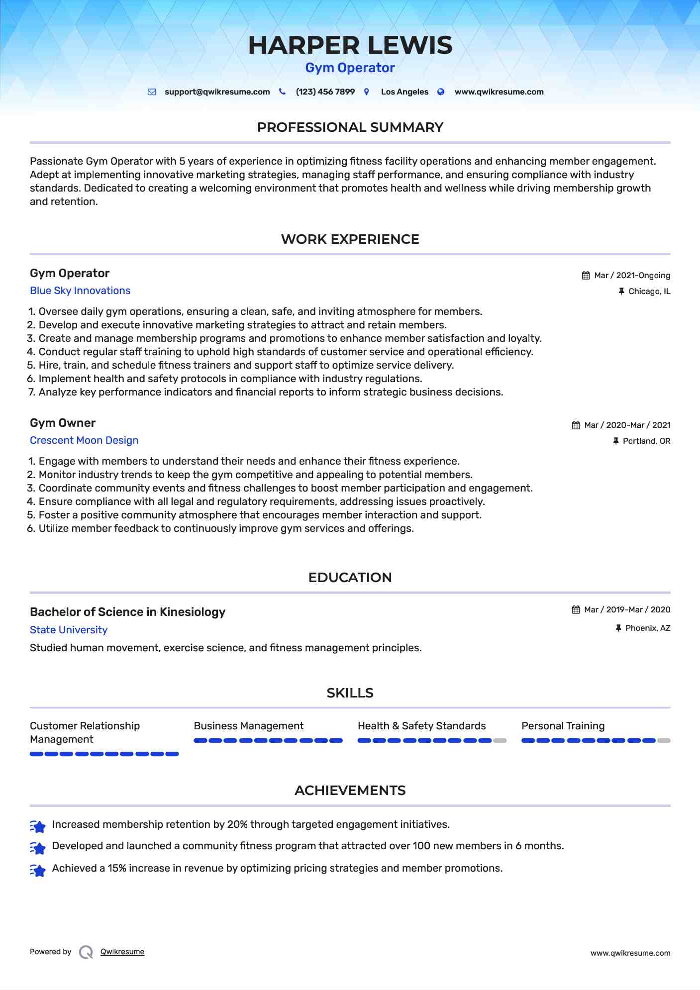 Gym Operator Resume Format