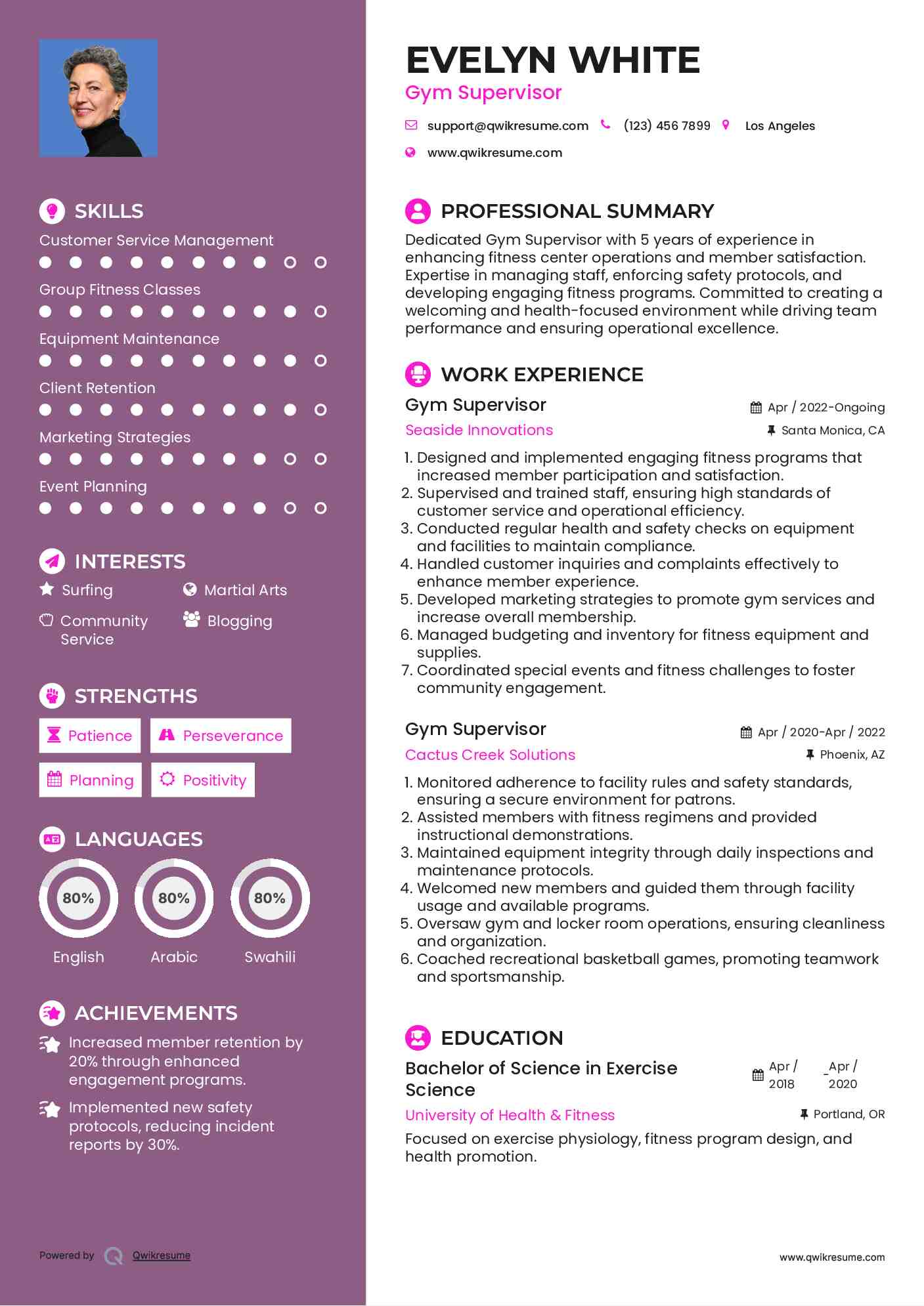 Gym Supervisor Resume Example