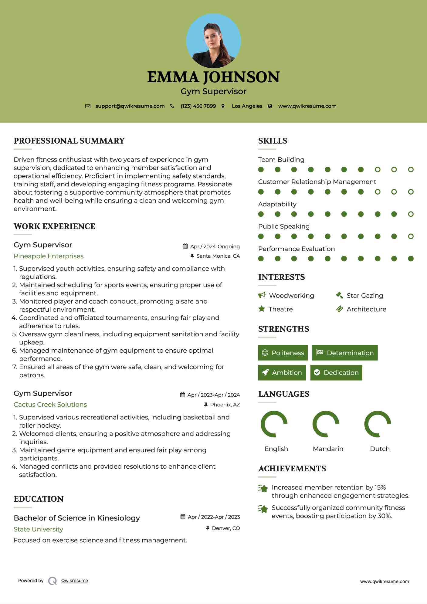 Gym Supervisor Resume Format