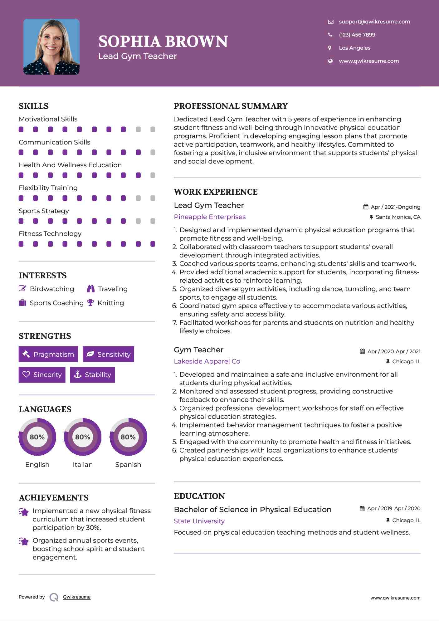 Lead Gym Teacher Resume Example