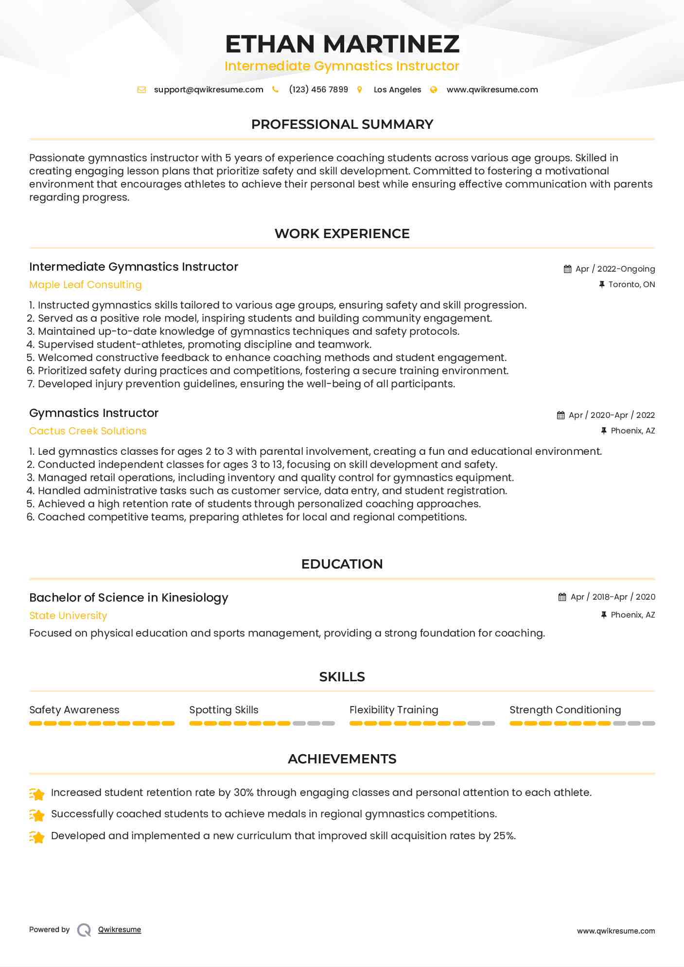 Gymnastics Instructor Resume Samples QwikResume