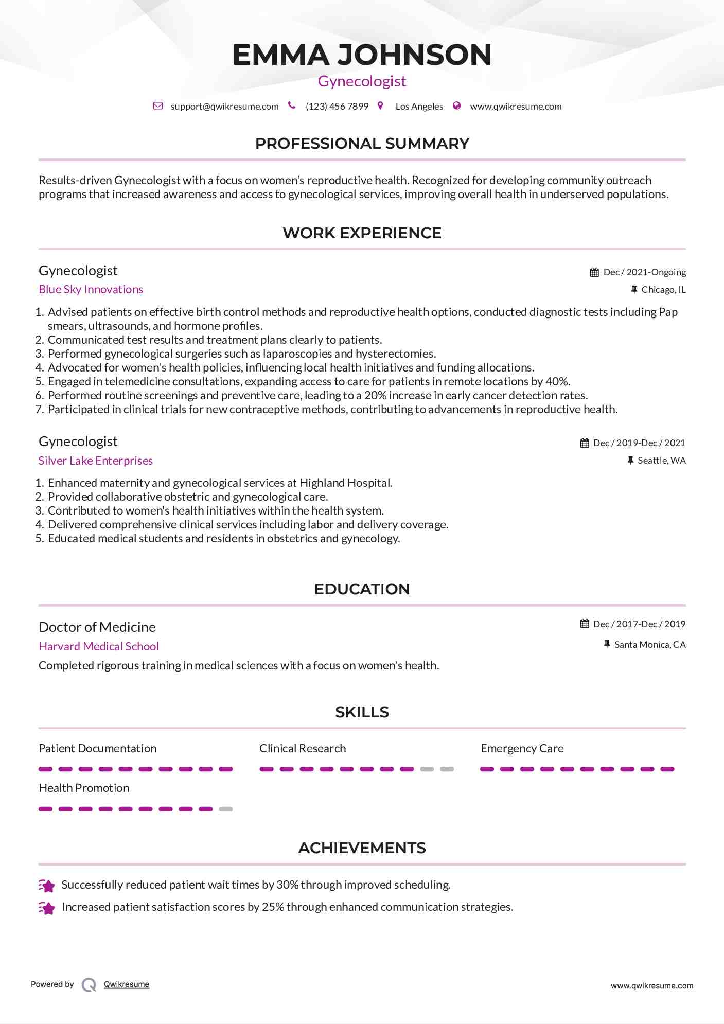 Gynecologist Resume Example