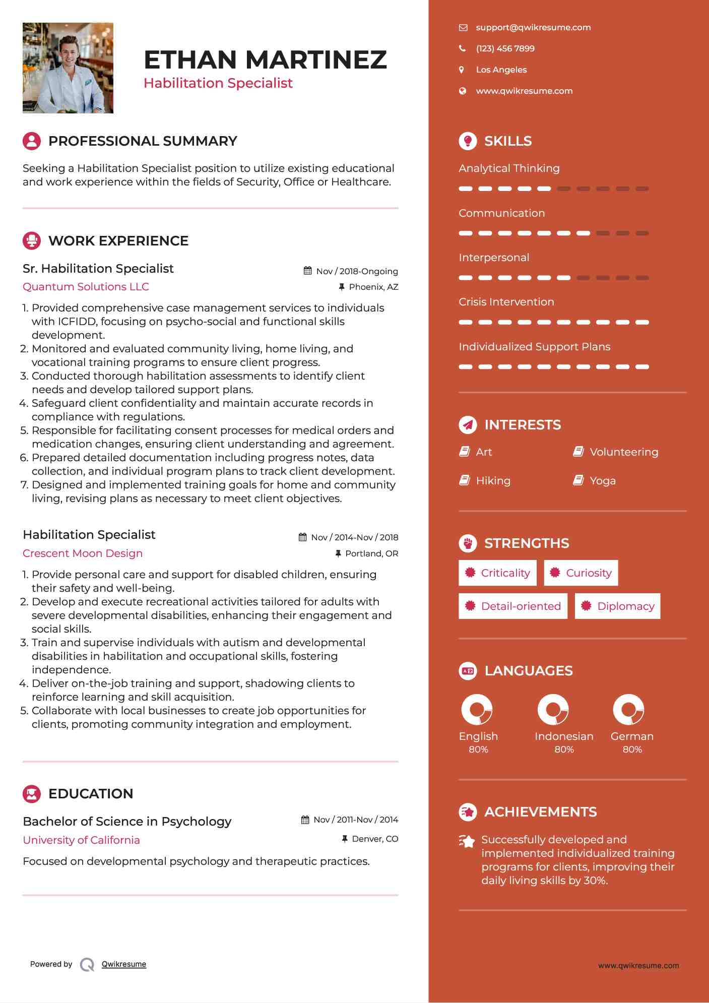 Sr. Habilitation Specialist Resume Sample