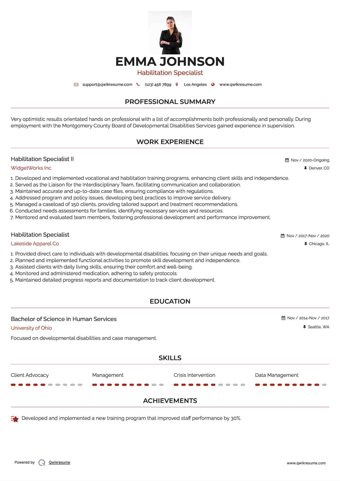 Habilitation Specialist II Resume Template