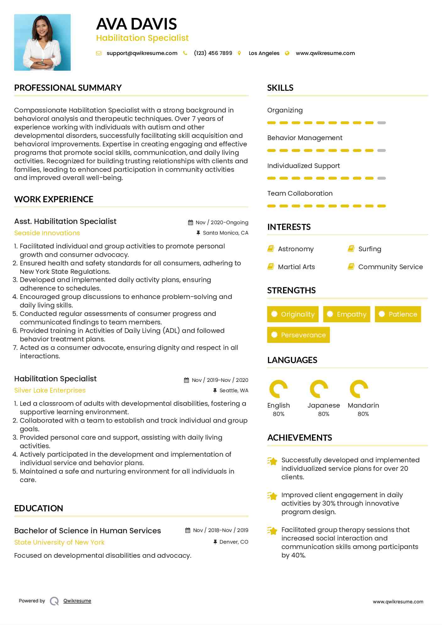 Asst. Habilitation Specialist Resume Model