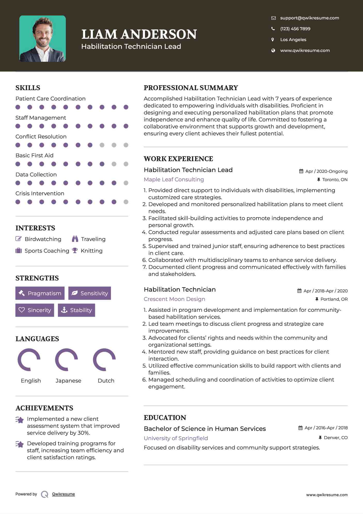 Habilitation Technician Lead Resume Sample