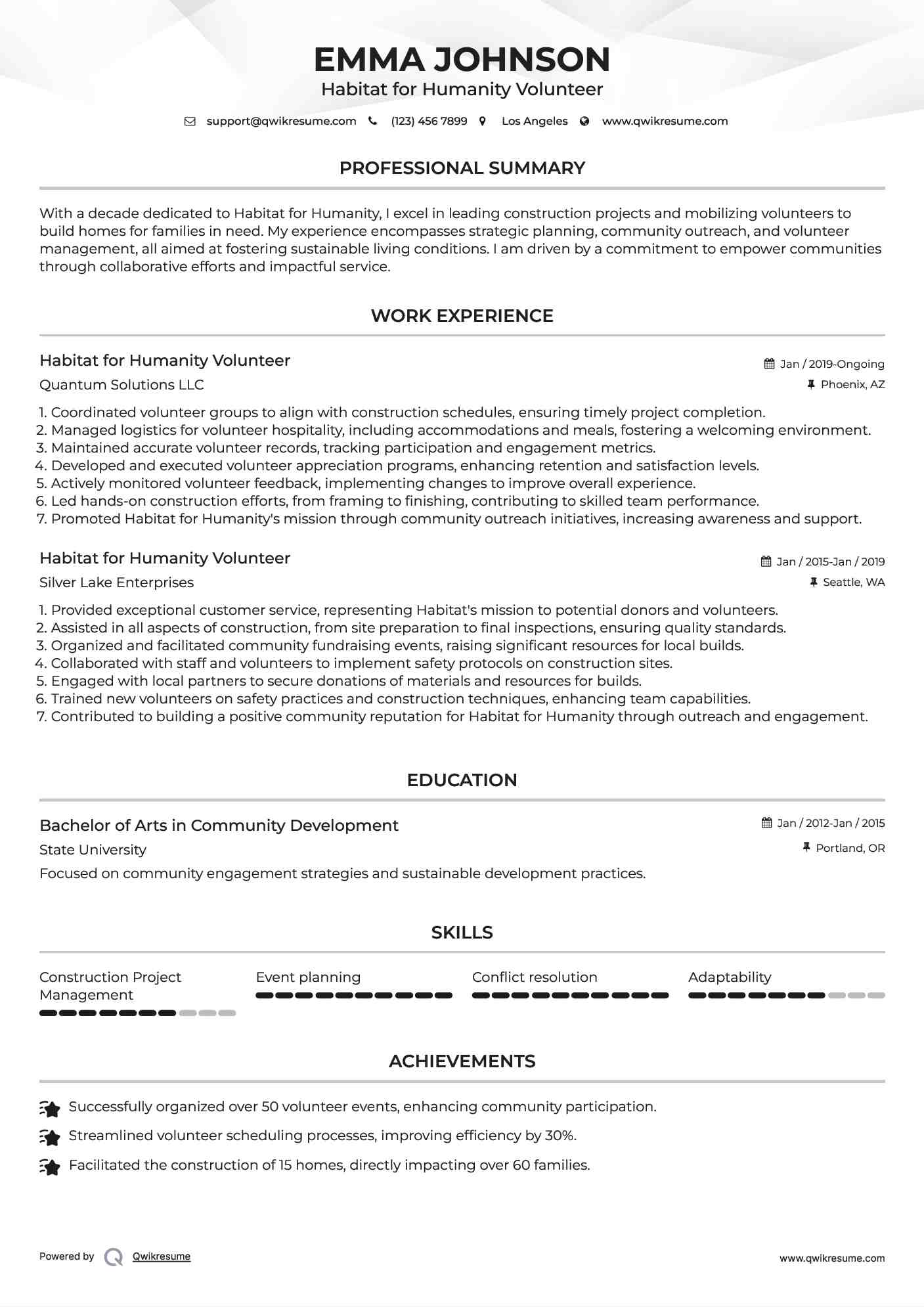 Habitat for Humanity Volunteer Resume Example