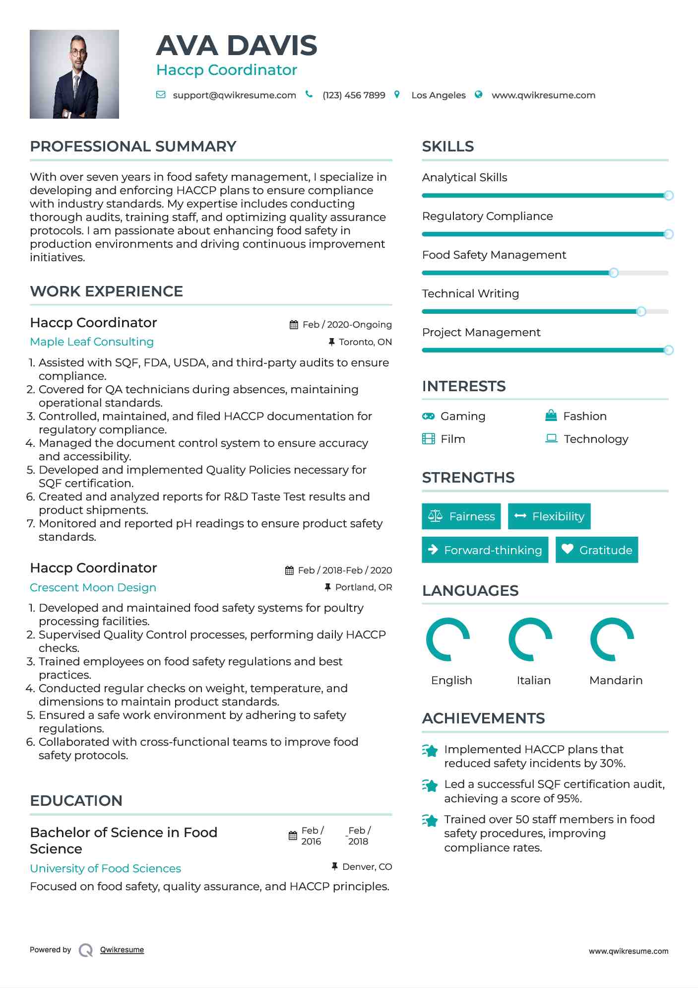 Haccp Coordinator Resume Sample