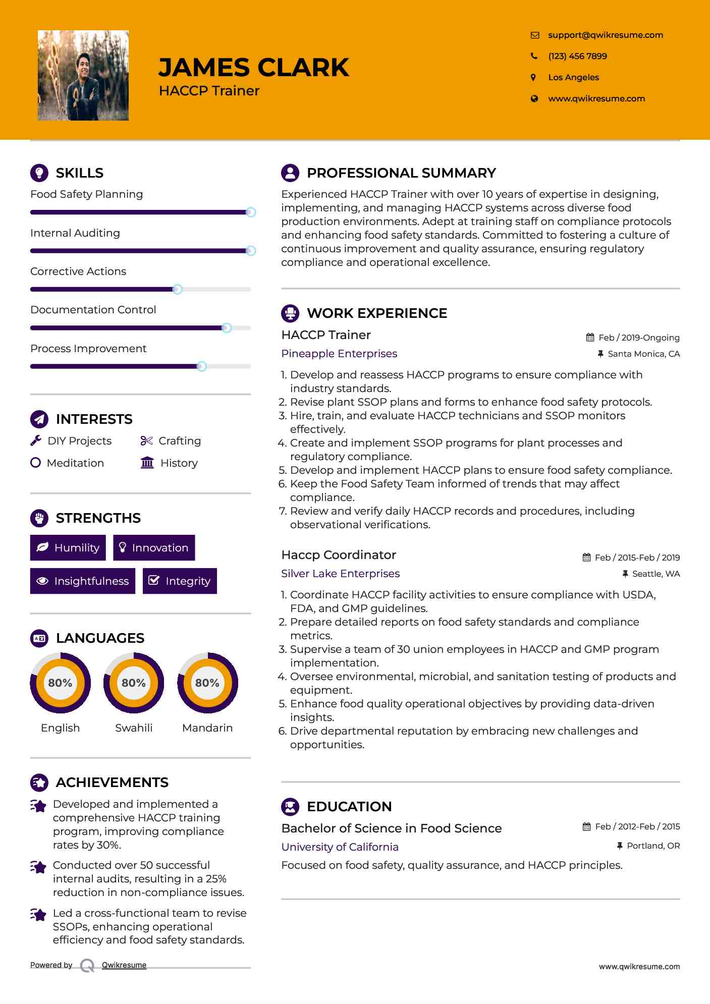 HACCP Trainer Resume Sample
