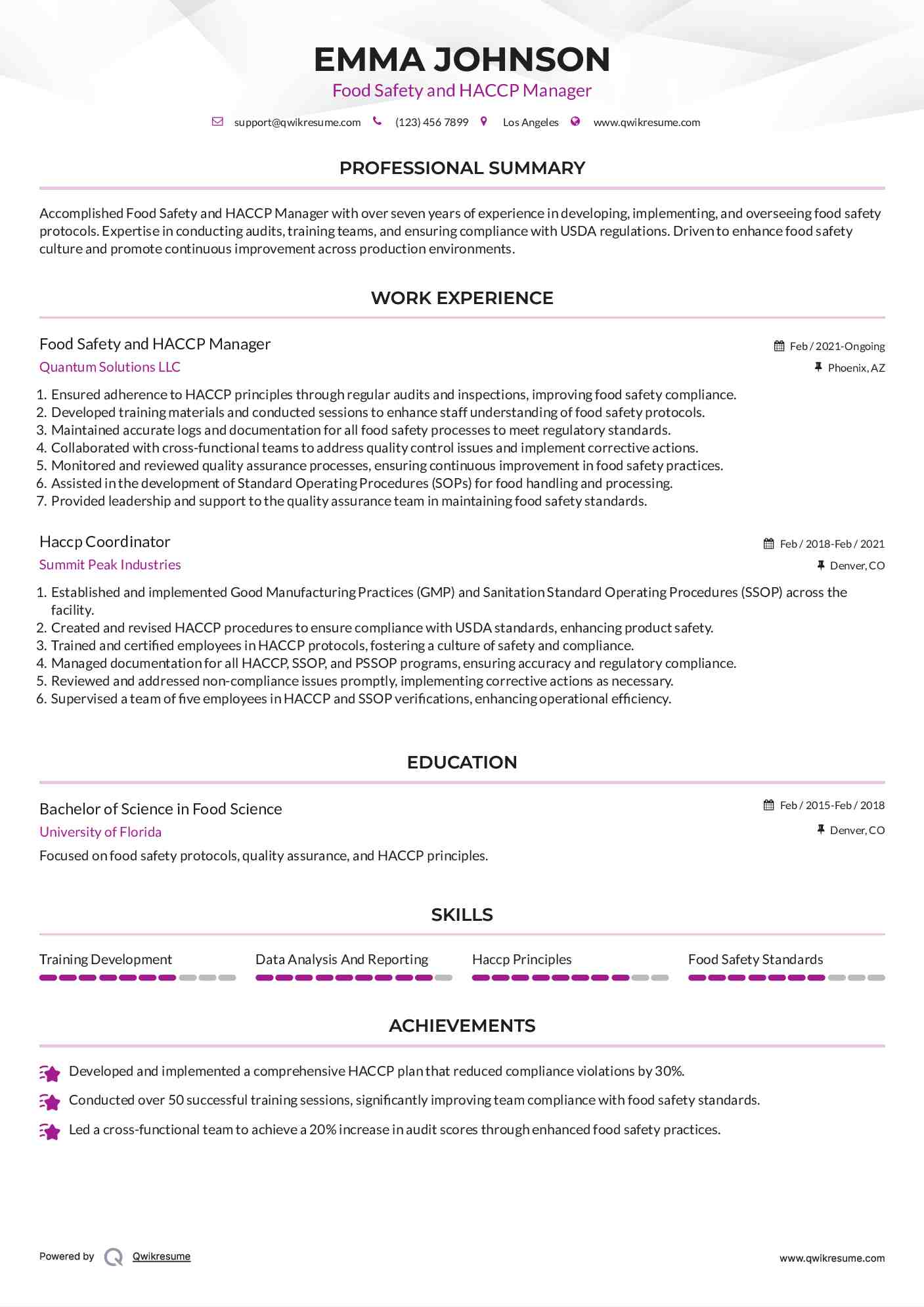 Food Safety and HACCP Manager Resume Template