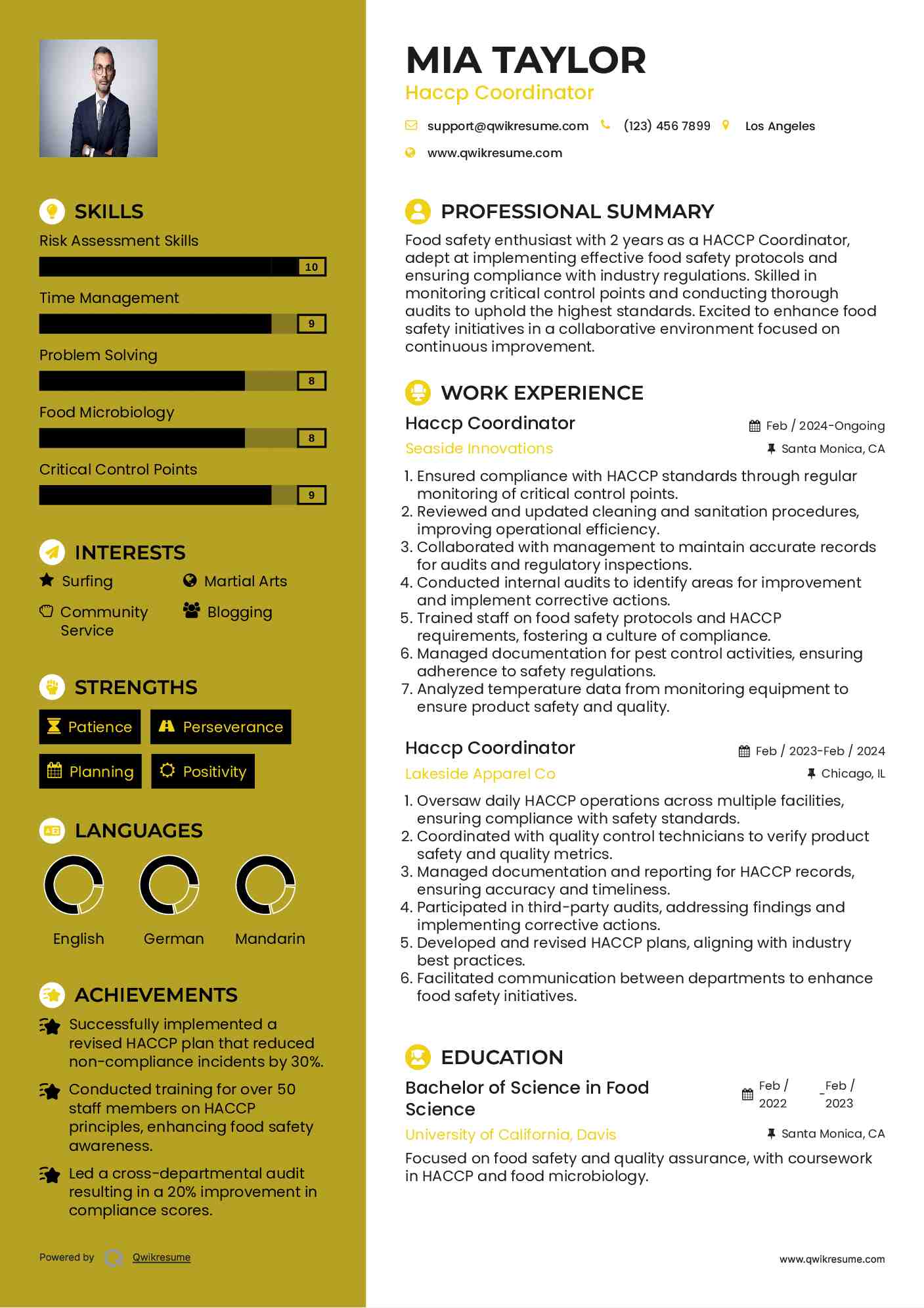 Haccp Coordinator Resume Example