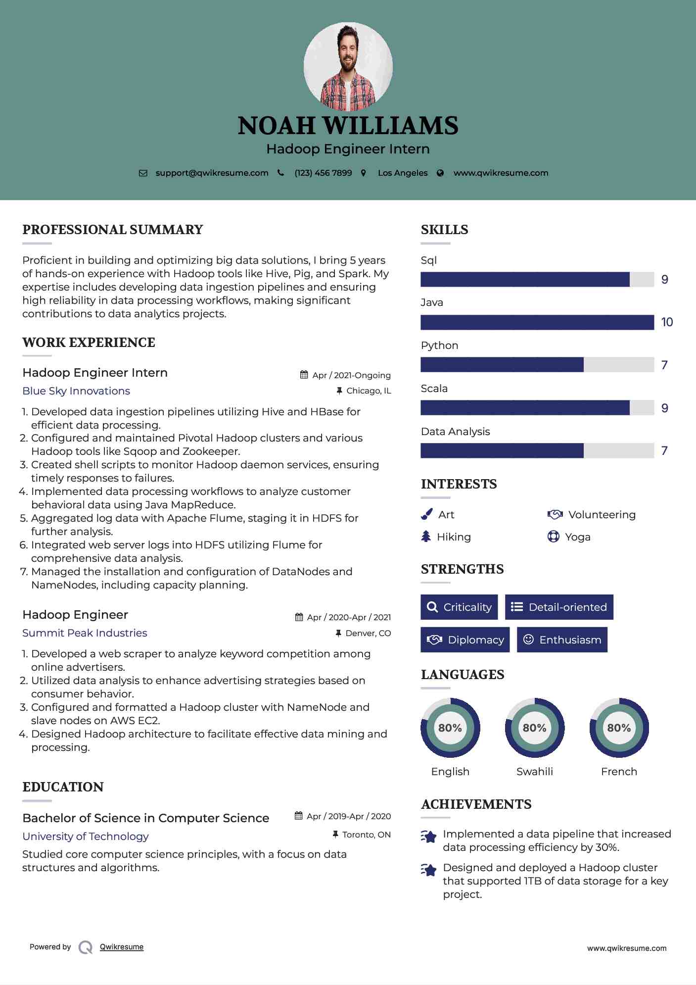 Hadoop Engineer Intern Resume Sample