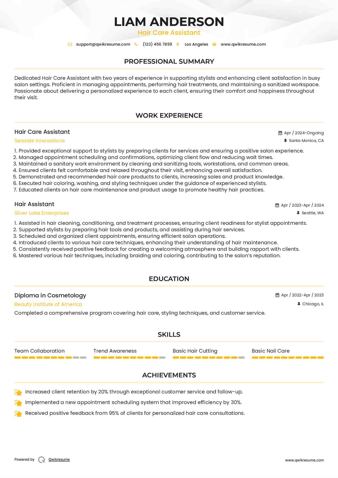 Hair Care Assistant
 Resume Format