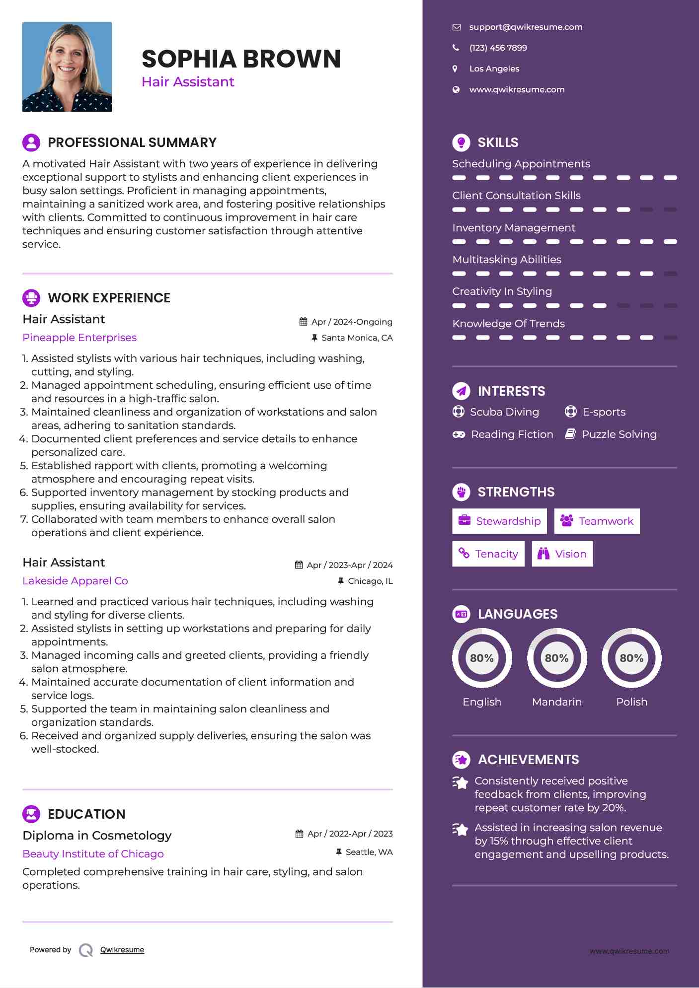 Hair Assistant Resume Model