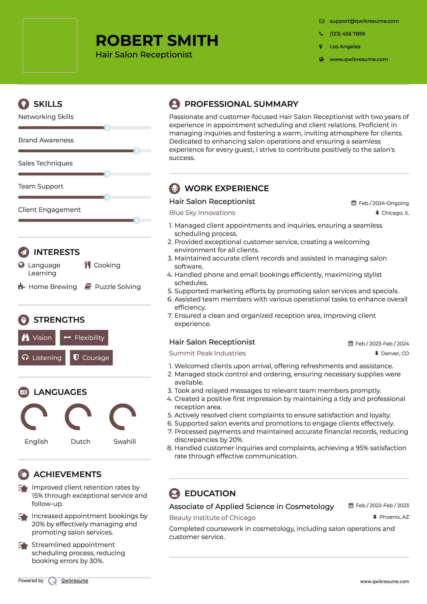 Hair Salon Receptionist Resume Sample