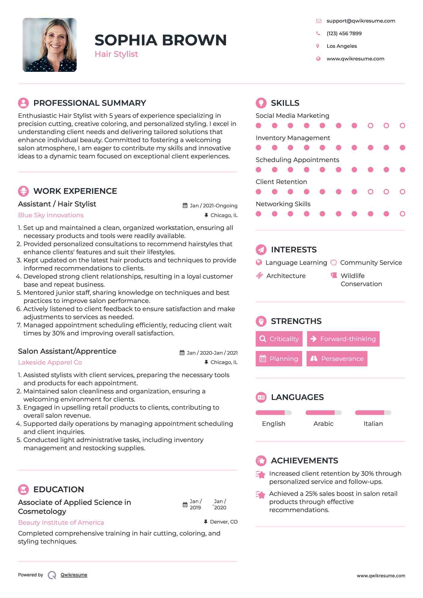 Assistant / Hair Stylist Resume Model