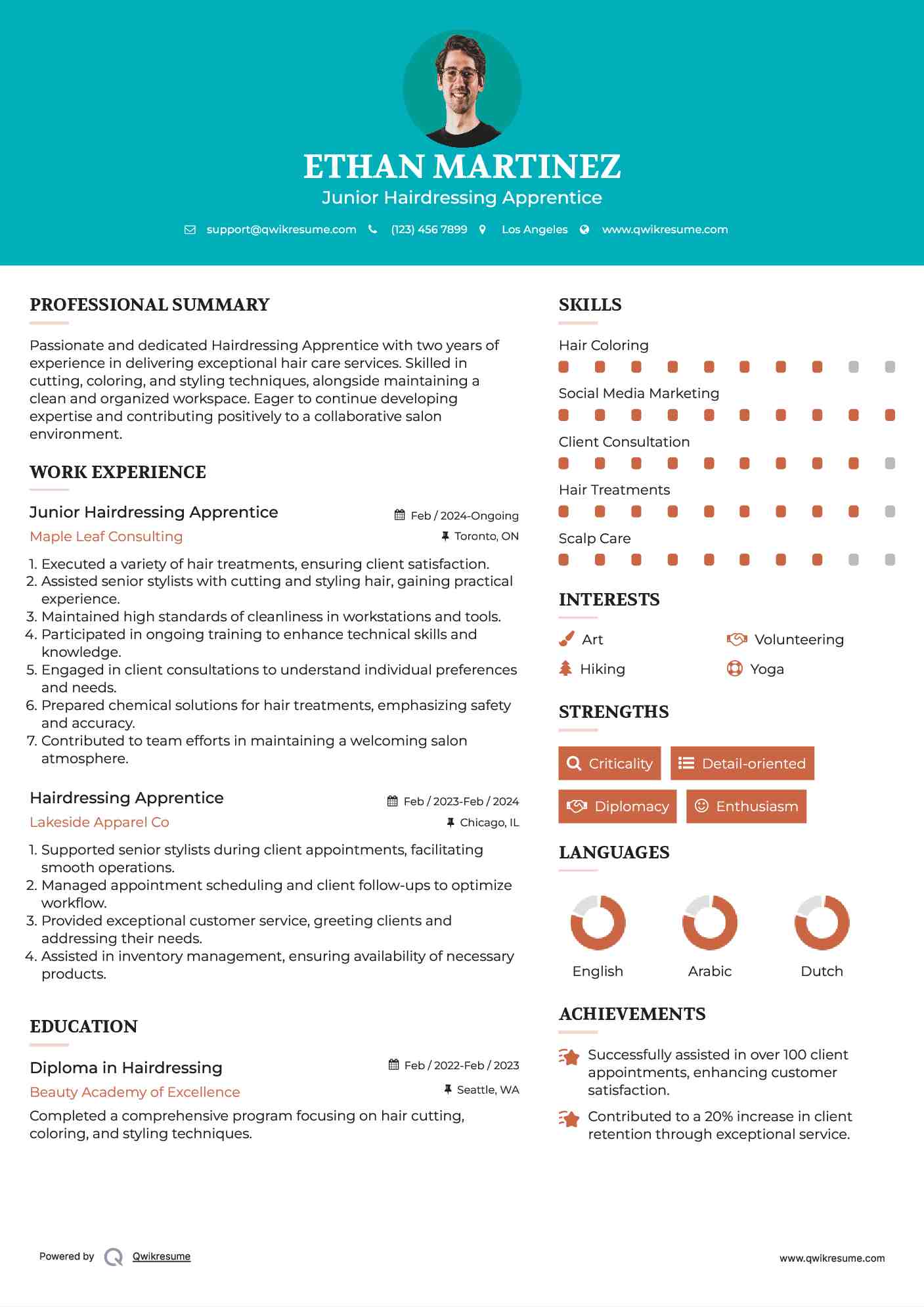Junior Hairdressing Apprentice Resume Sample